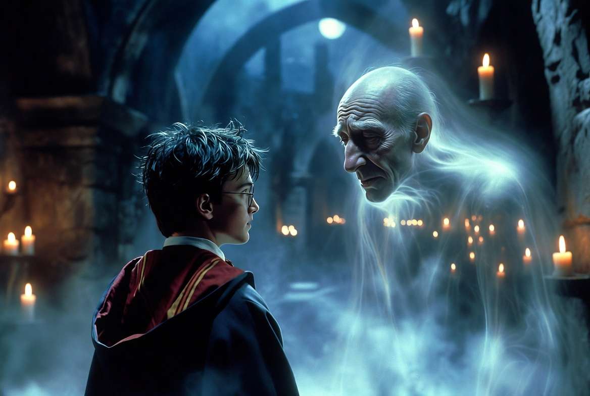 Harry Potter talking to Nearly Headless Nick about ghosts and death in Hogwarts corridor