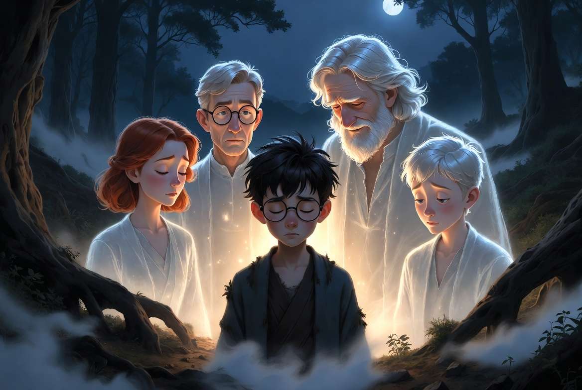 Harry Potter summoning the ghosts of his parents Sirius and Lupin with the Resurrection Stone in the Forbidden Forest