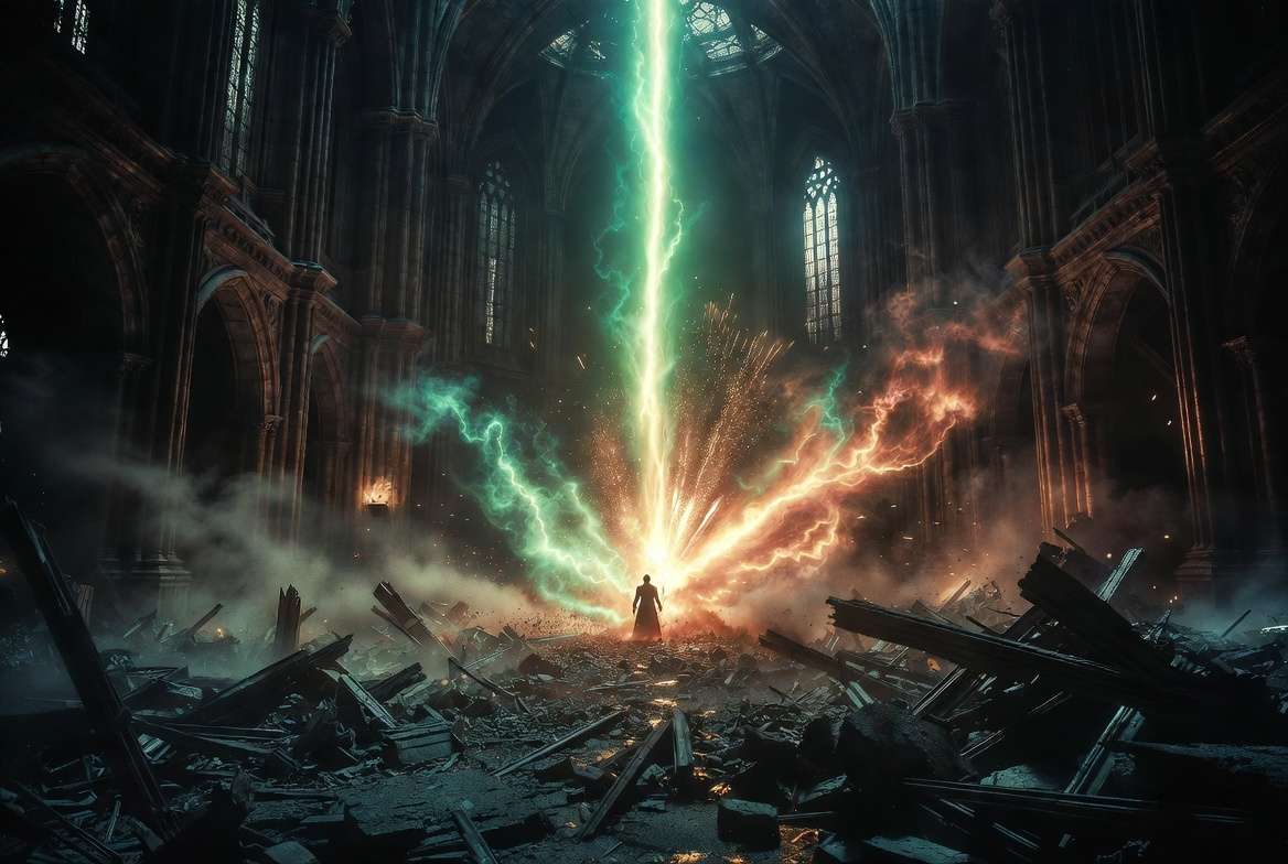 Epic final battle scene at Hogwarts Great Hall showing the clash between the Killing Curse and Harry Potter's spell in Deathly Hallows