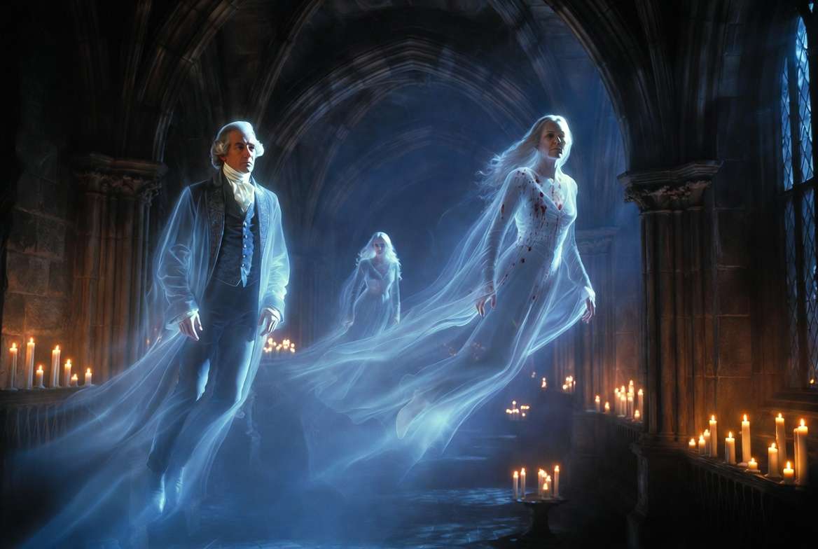 Hogwarts ghosts including Nearly Headless Nick, Bloody Baron, Moaning Myrtle, and Grey Lady floating in a candlelit corridor
