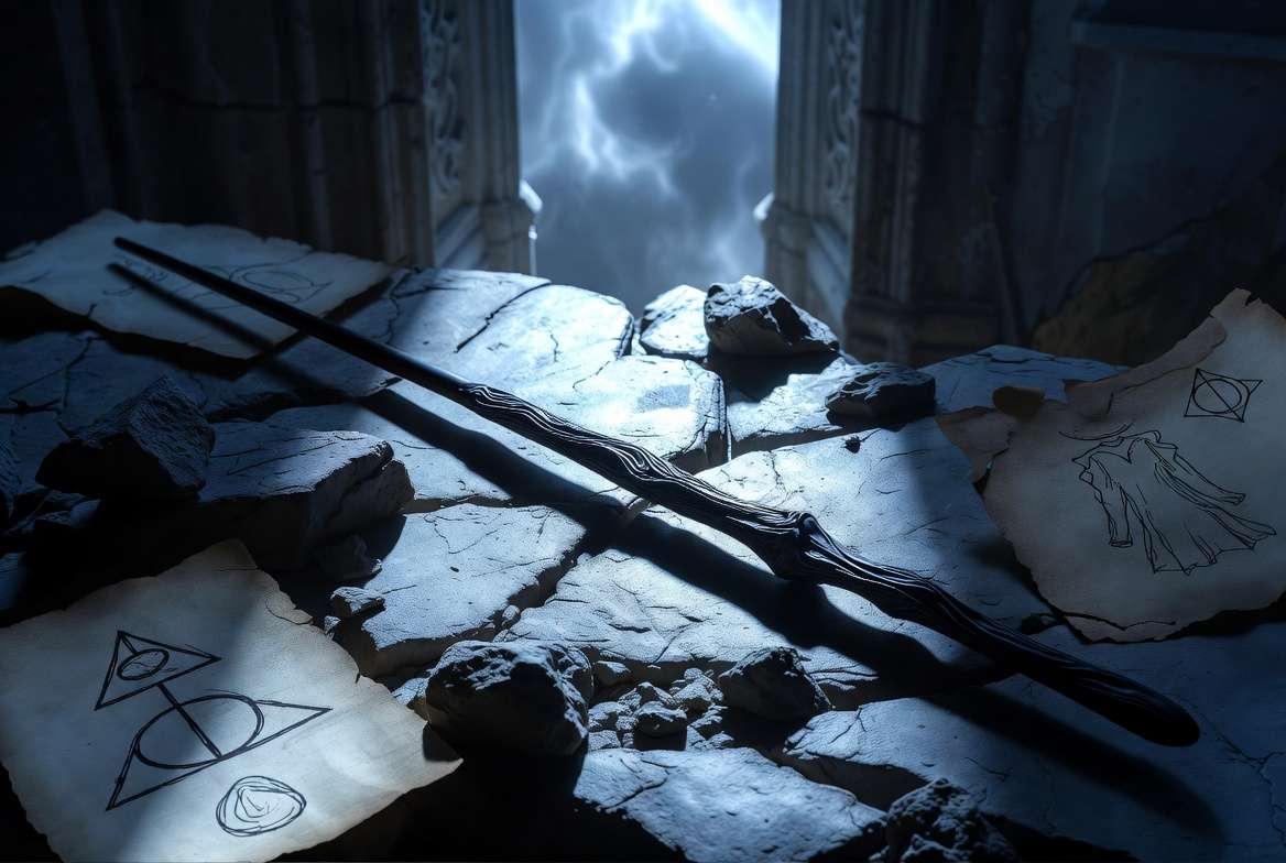 The Elder Wand resting on ancient stone surface surrounded by Deathly Hallows symbols in moonlight