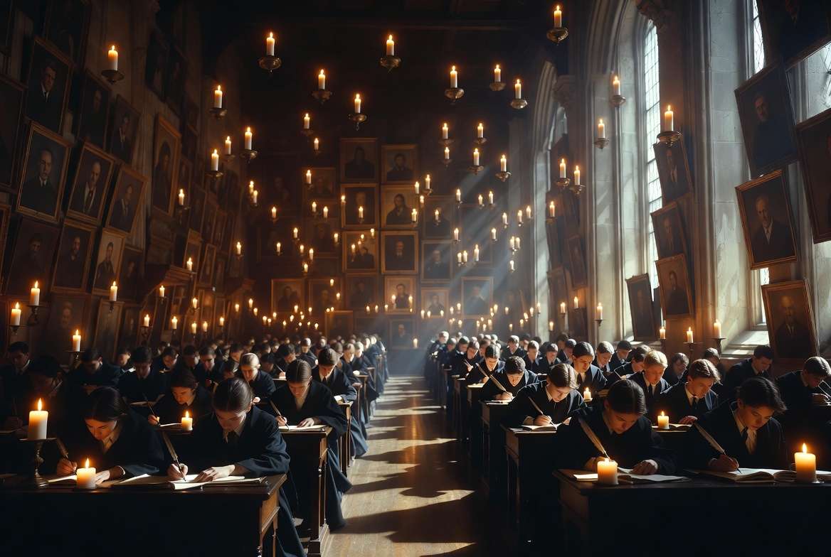 Students taking O.W.L. exams in a magical Hogwarts-style examination hall by candlelight