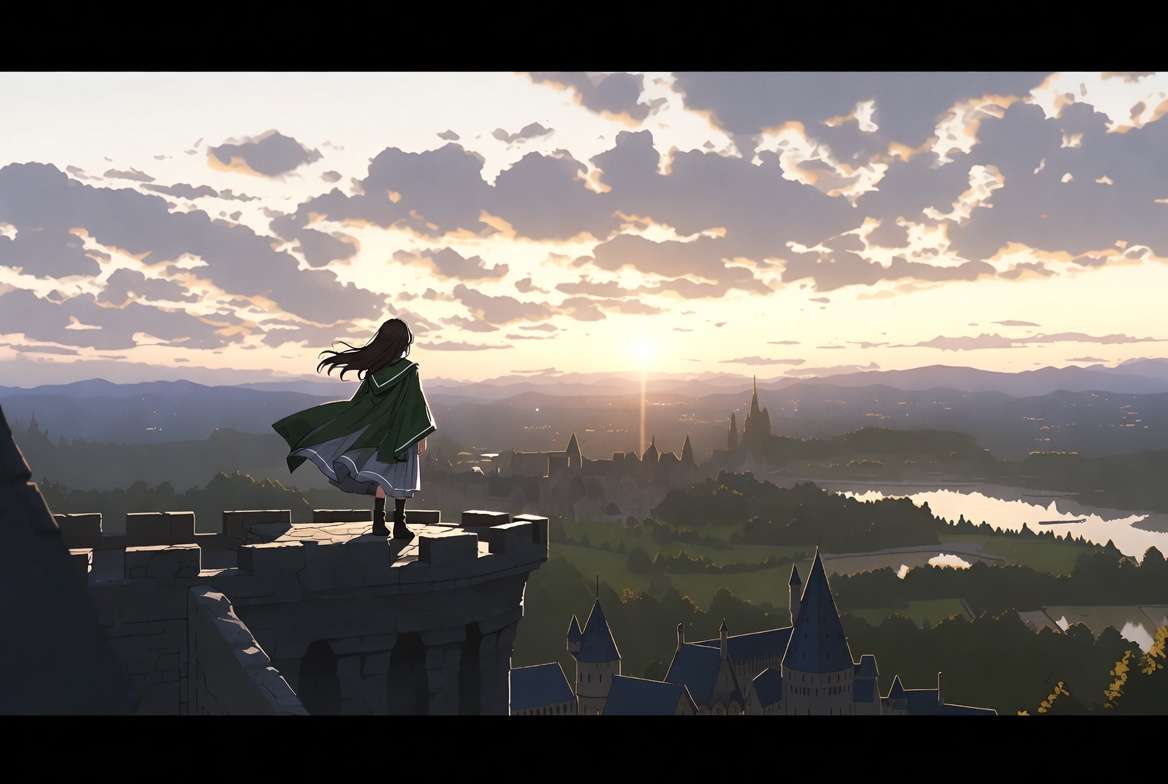 A lone Slytherin witch standing on the Hogwarts battlements at dawn symbolizing the untold story and overlooked legacy of Tracey Davis in Harry Potter