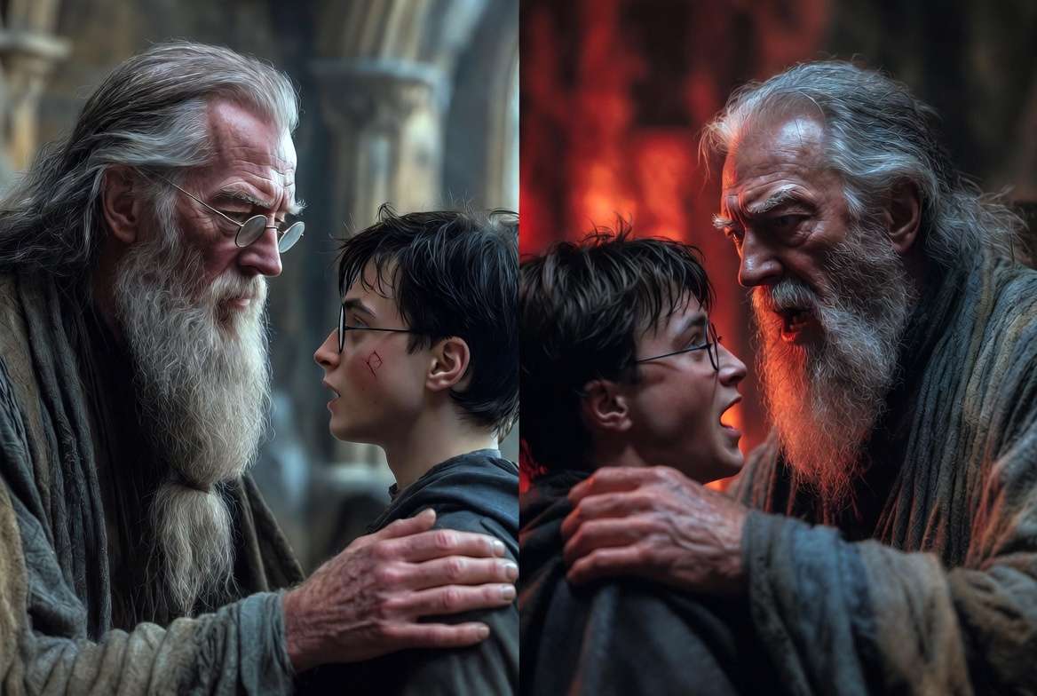 A split image of one depicting Dumbledore calmly asking Harry something on the other Dumbledore asking Harry loudly representing the differences between Movie and Book 