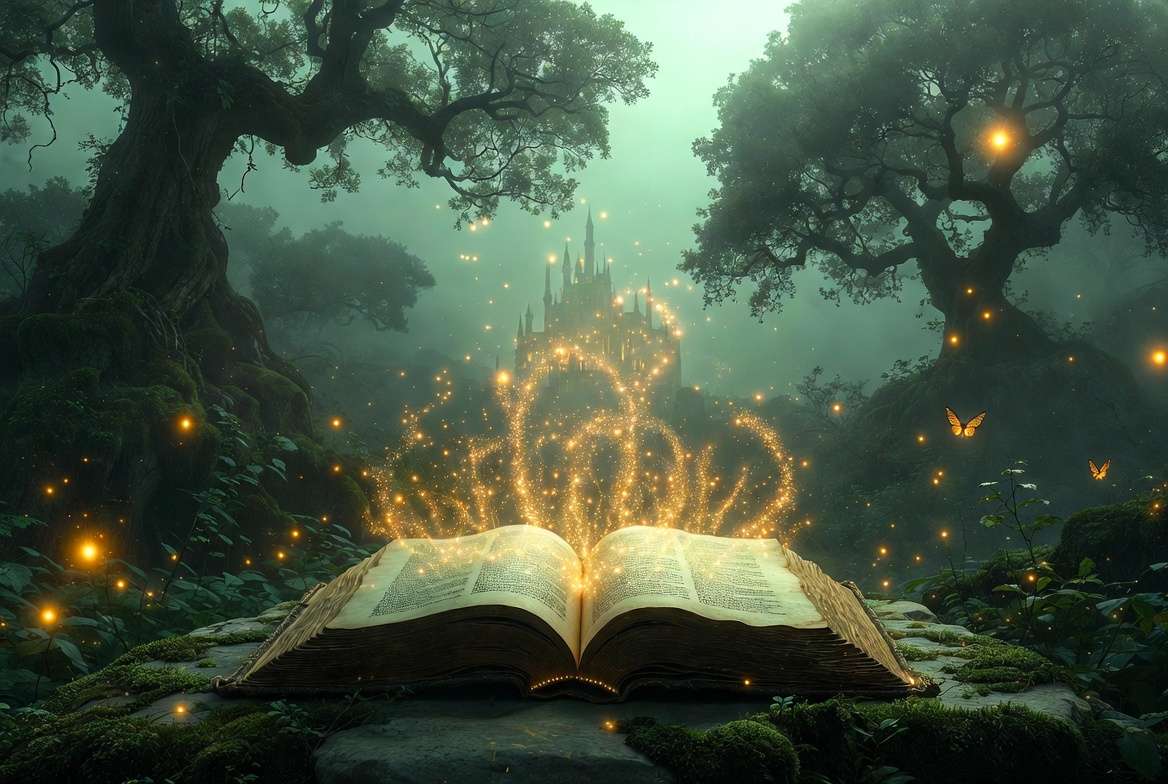 Magical open book glowing in an enchanted forest symbolizing the timeless magic of Harry Potter created by J.K. Rowling