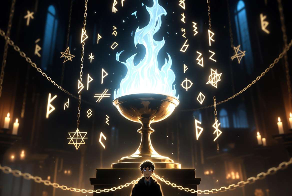 Harry standing infront of the goblet of fire, shock vissible on his face as his name came out of the goblet of fire.