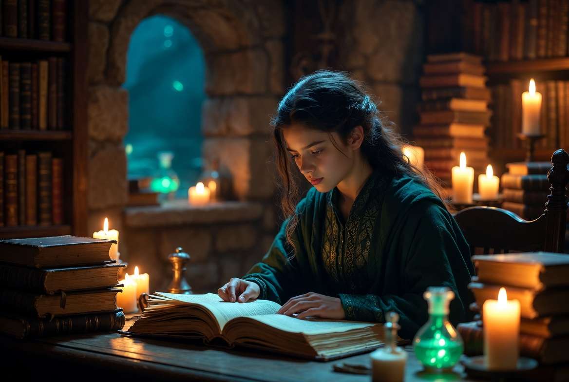 A Slytherin witch reading a magical book by candlelight in a Hogwarts dormitory representing fan fiction reimagining of forgotten Harry Potter characters