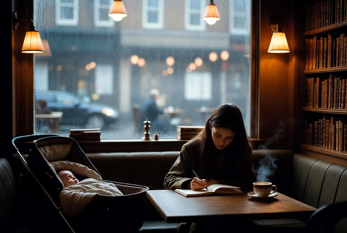 Cozy vintage Edinburgh café scene depicting J.K. Rowling writing Harry Potter as a single mother in the 1990s