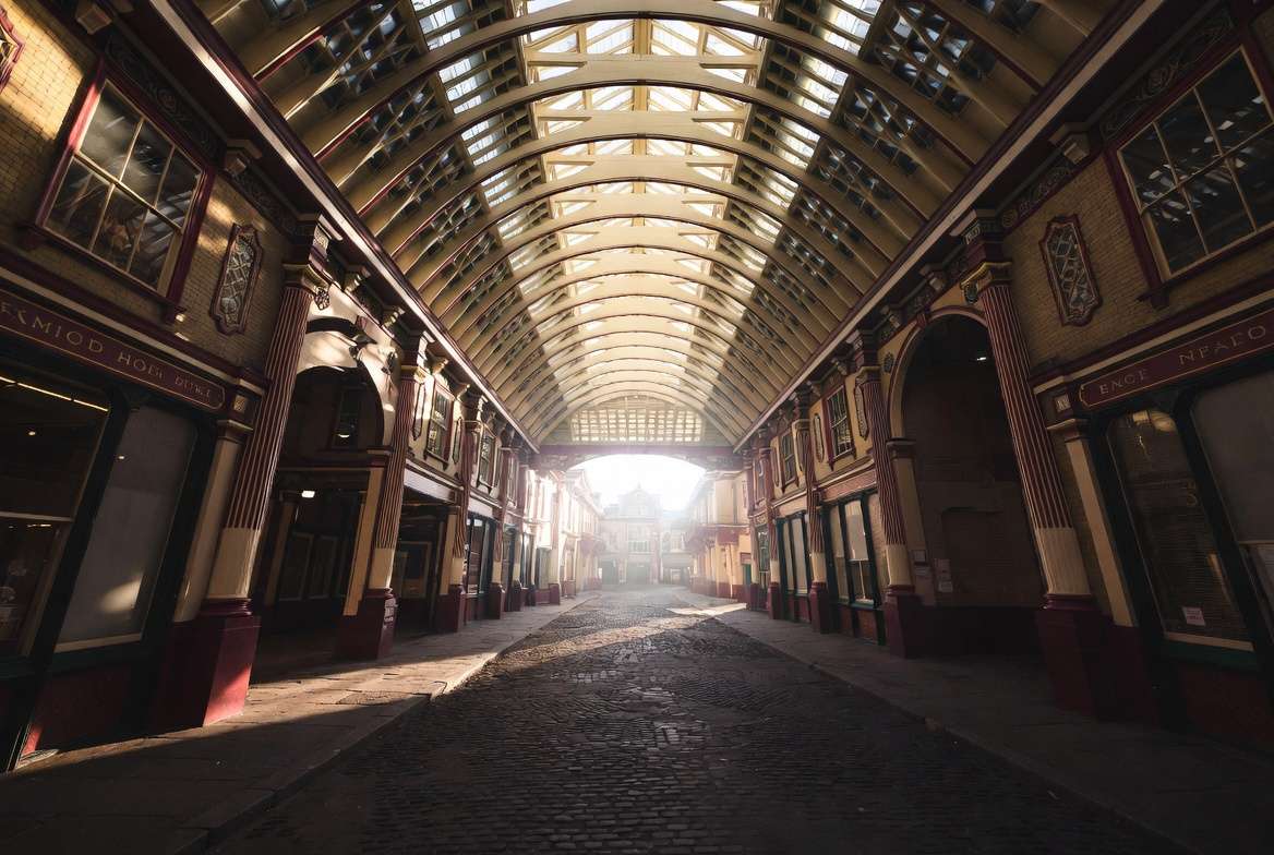Early morning view inside Leadenhall Market Harry Potter location London