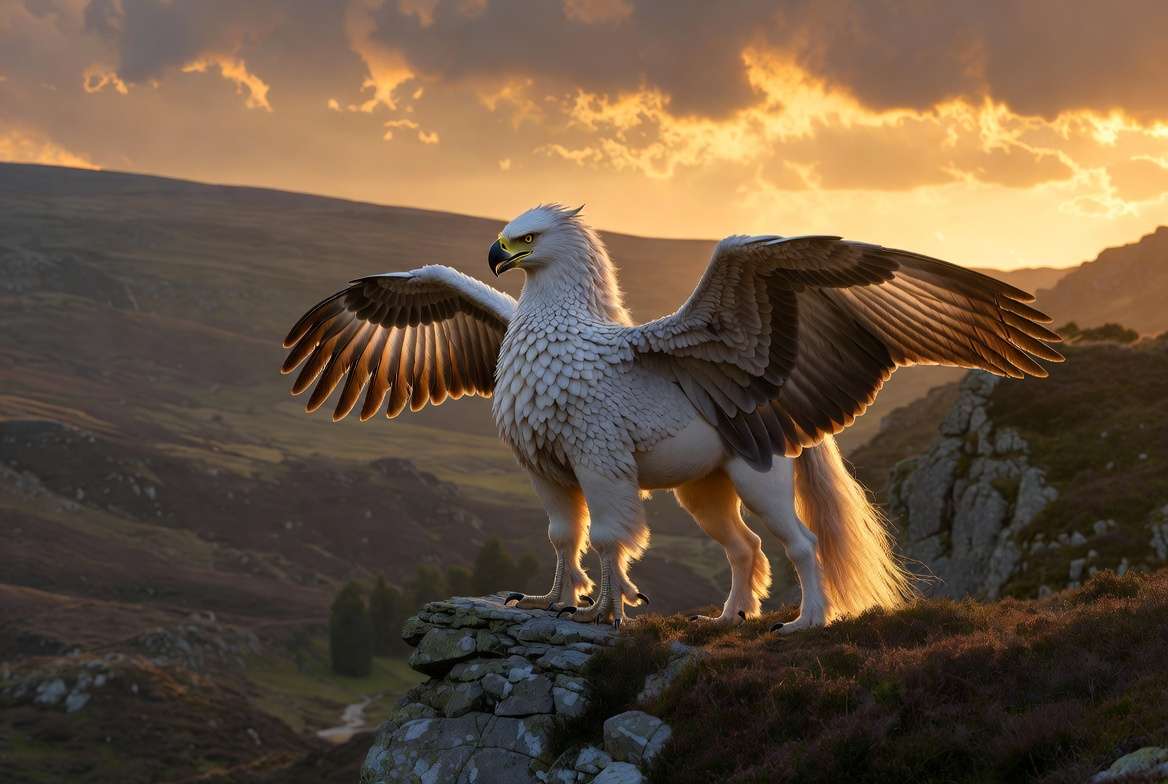 Buckbeak the hippogriff standing proudly at sunset Harry Potter