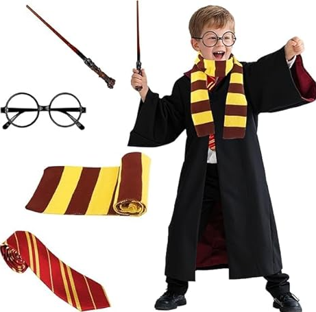 Kitimi Wizard Costume Party Cosplay Set, Wizard Cloak Robe Halloween Costume, Magic Wand, Tie, Scarf, Glasses Accessories 