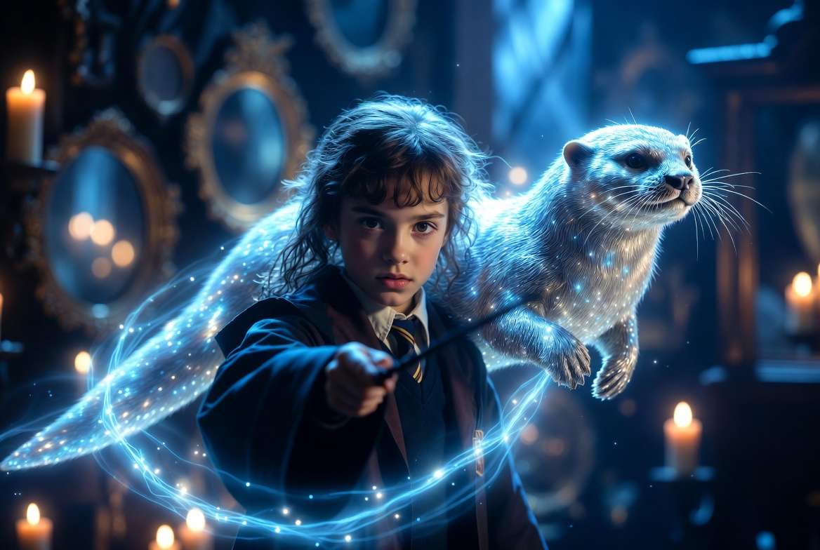Hermione Granger conjuring her otter Patronus in the Room of Requirement