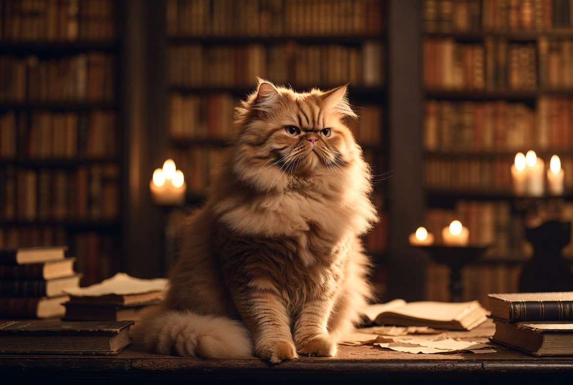 Crookshanks the half-Kneazle cat in Hogwarts library Harry Potter