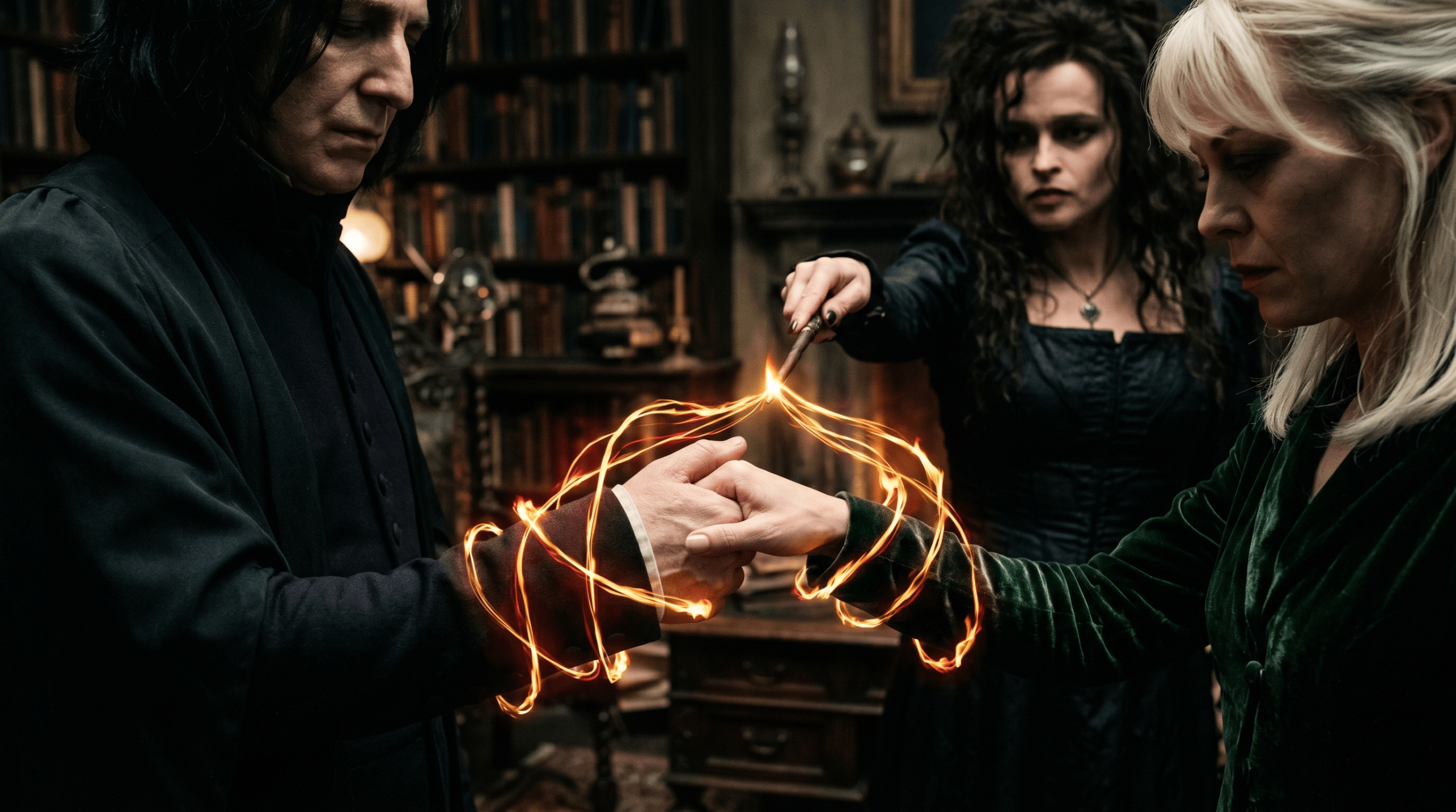 Close-up of clasped hands and magical fire during the casting of the Unbreakable Vow in Harry Potter.