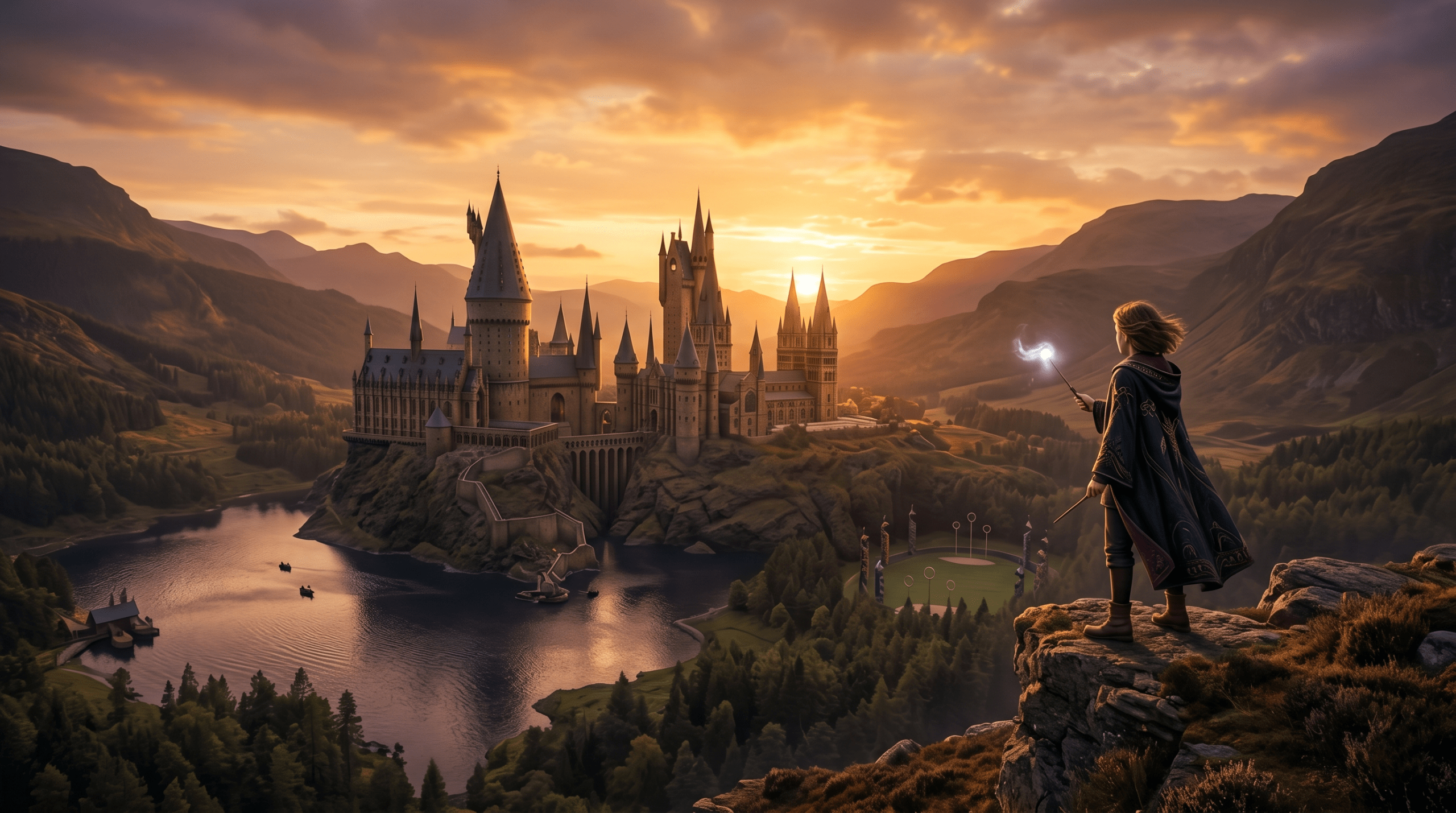 A stunning, photorealistic open-world view of Hogwarts castle and the Scottish Highlands from the Hogwarts Legacy video game.