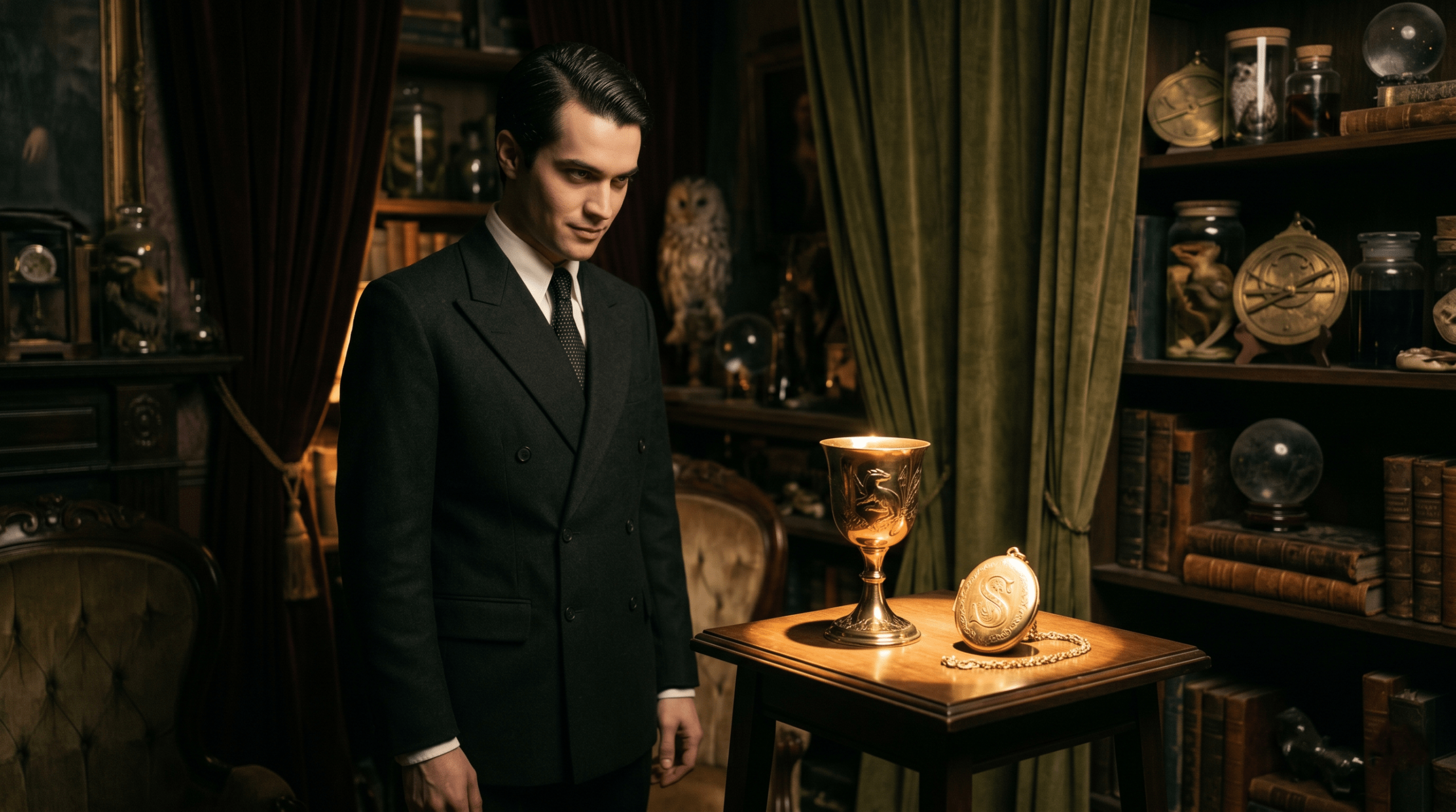 A handsome young Tom Riddle admiring Helga Hufflepuff's golden cup and Salazar Slytherin's locket in Hepzibah Smith's antique parlor.