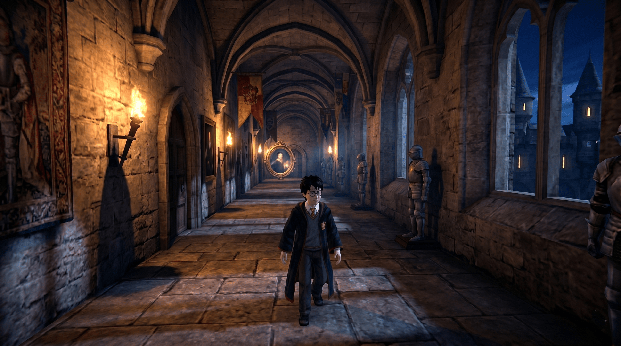 A third-person gameplay view exploring the mystery-filled, torch-lit corridors of Hogwarts in the classic Chamber of Secrets video game.