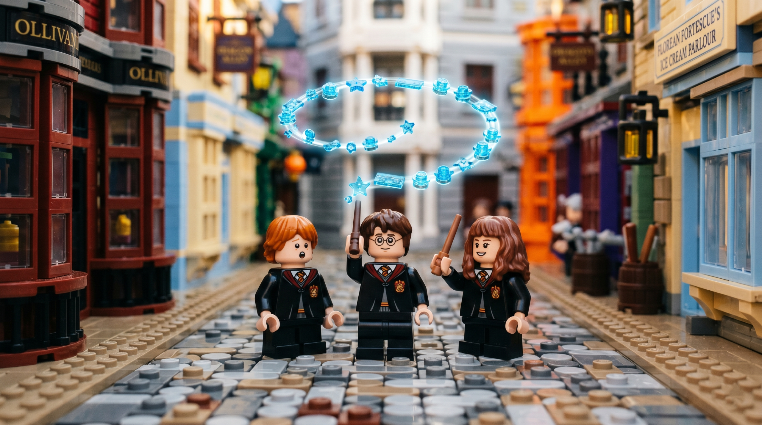 LEGO minifigures of Harry, Ron, and Hermione casting spells in a stylized LEGO Diagon Alley video game scene.