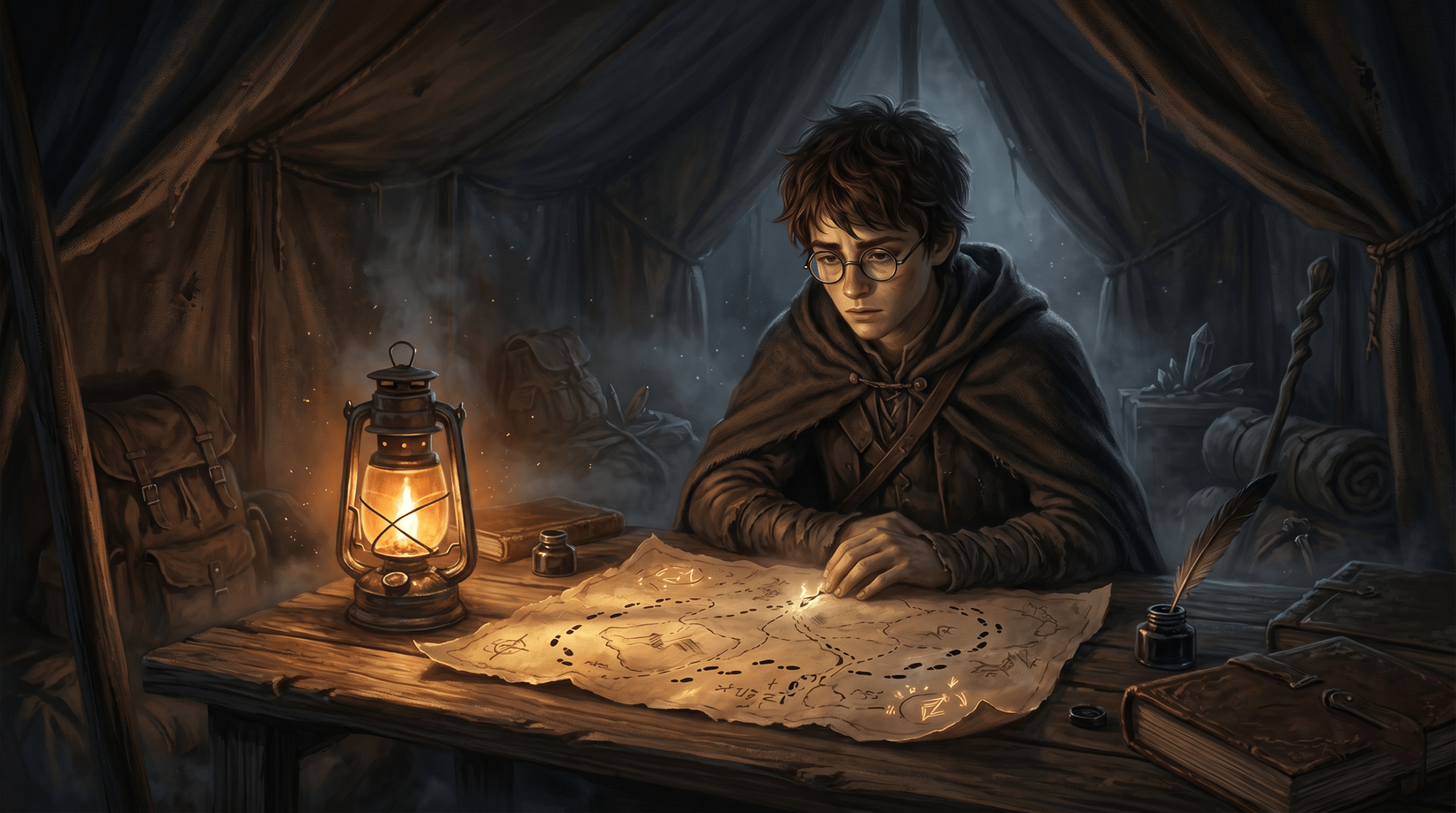 Harry Potter looking at the Marauder's Map inside a dark tent during the bleak Horcrux hunt.