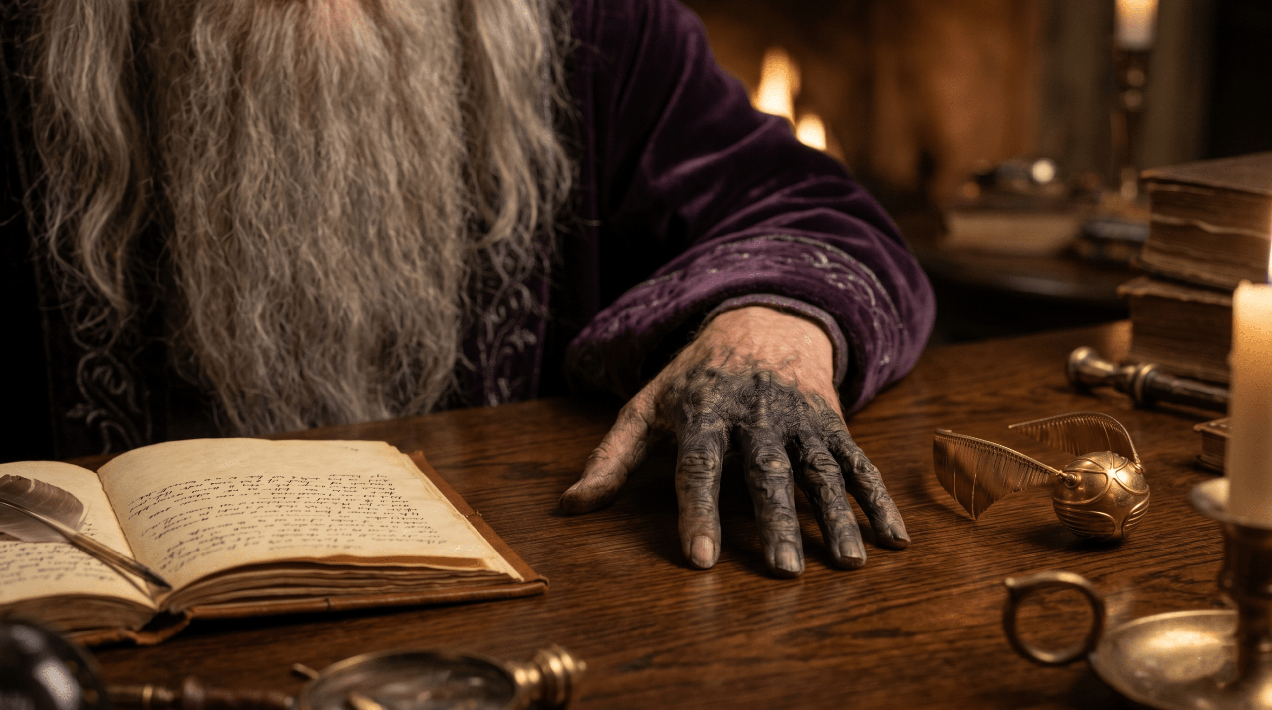 Detailed close-up of Albus Dumbledore's withered and blackened hand, showing the results of Marvolo Gaunt's cursed ring.
