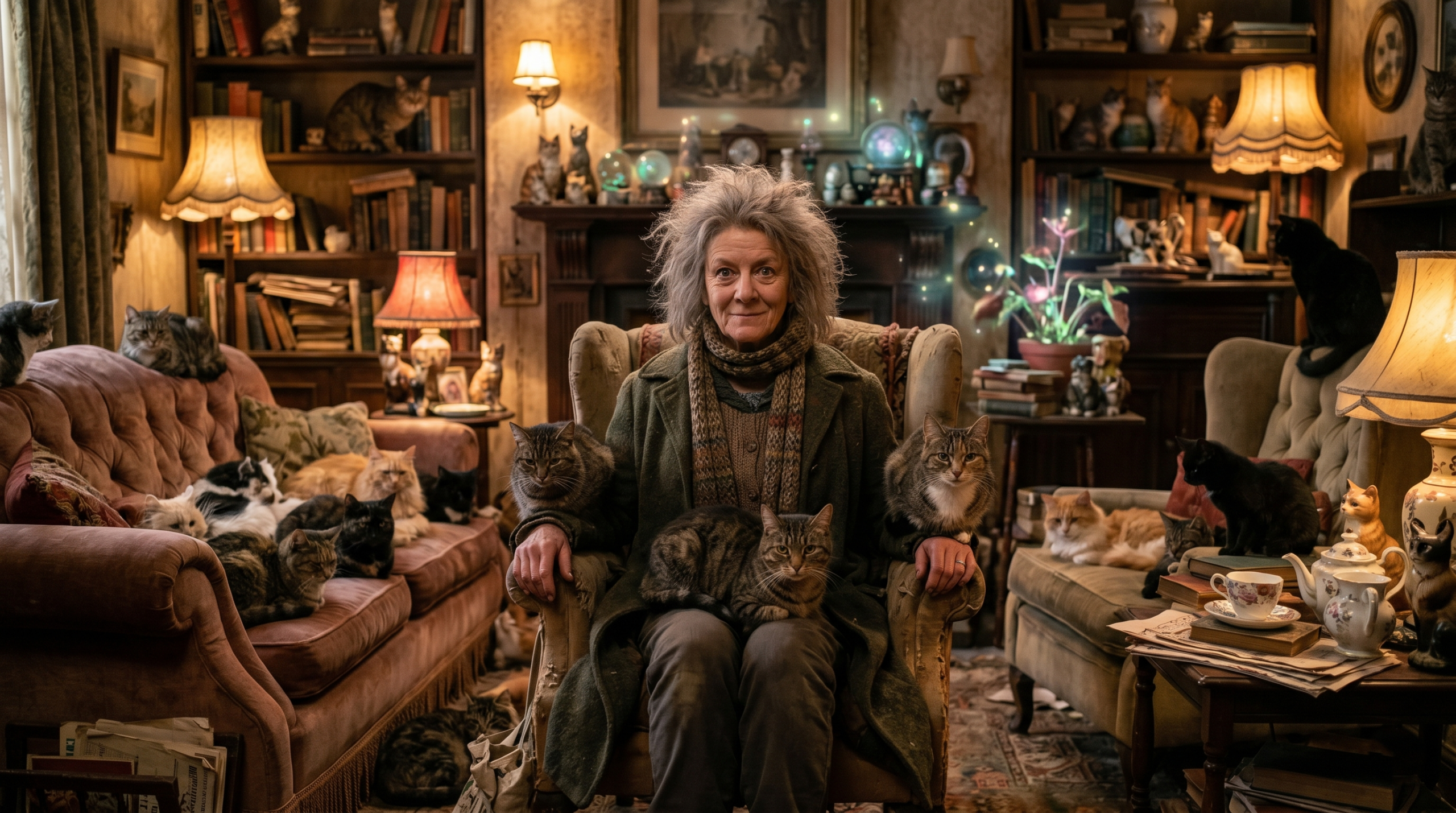 Kathryn Hunter as Arabella Figg in her cat-filled living room in Harry Potter and the Order of the Phoenix
