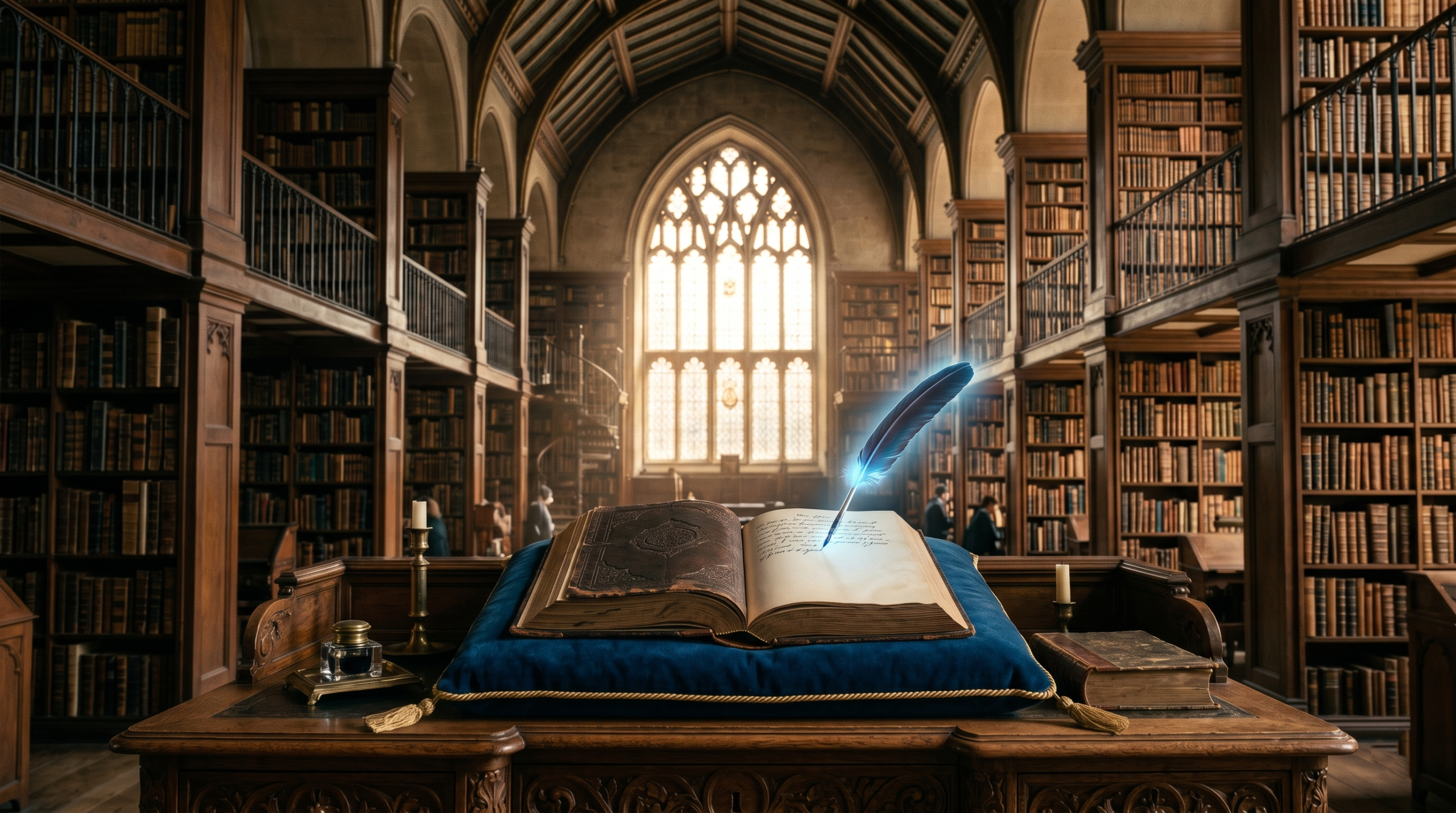 Antique magical book on a velvet cushion in an ancient library symbolizing masterpiece fanfiction selection criteria.