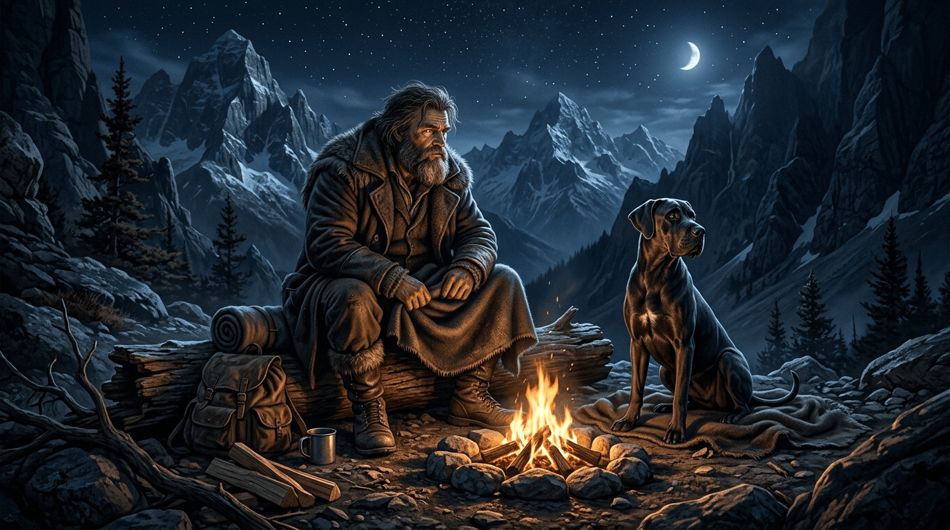 Hagrid and his dog Fang hiding in the mountains as fugitives during the Second Wizarding War.