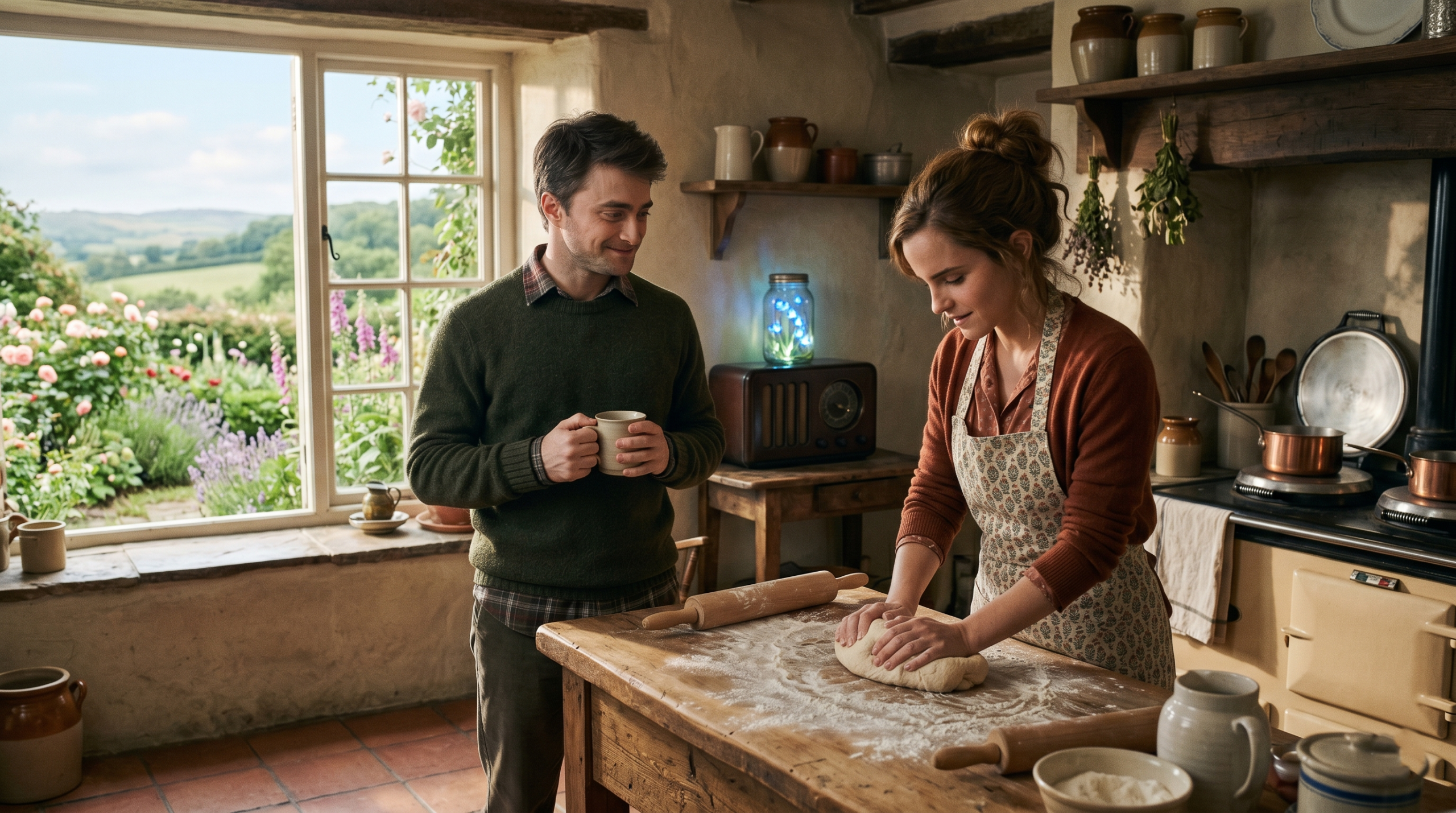Adult Harry and Hermione sharing a peaceful domestic moment in a sunny cottage kitchen representing post-war fanfiction.