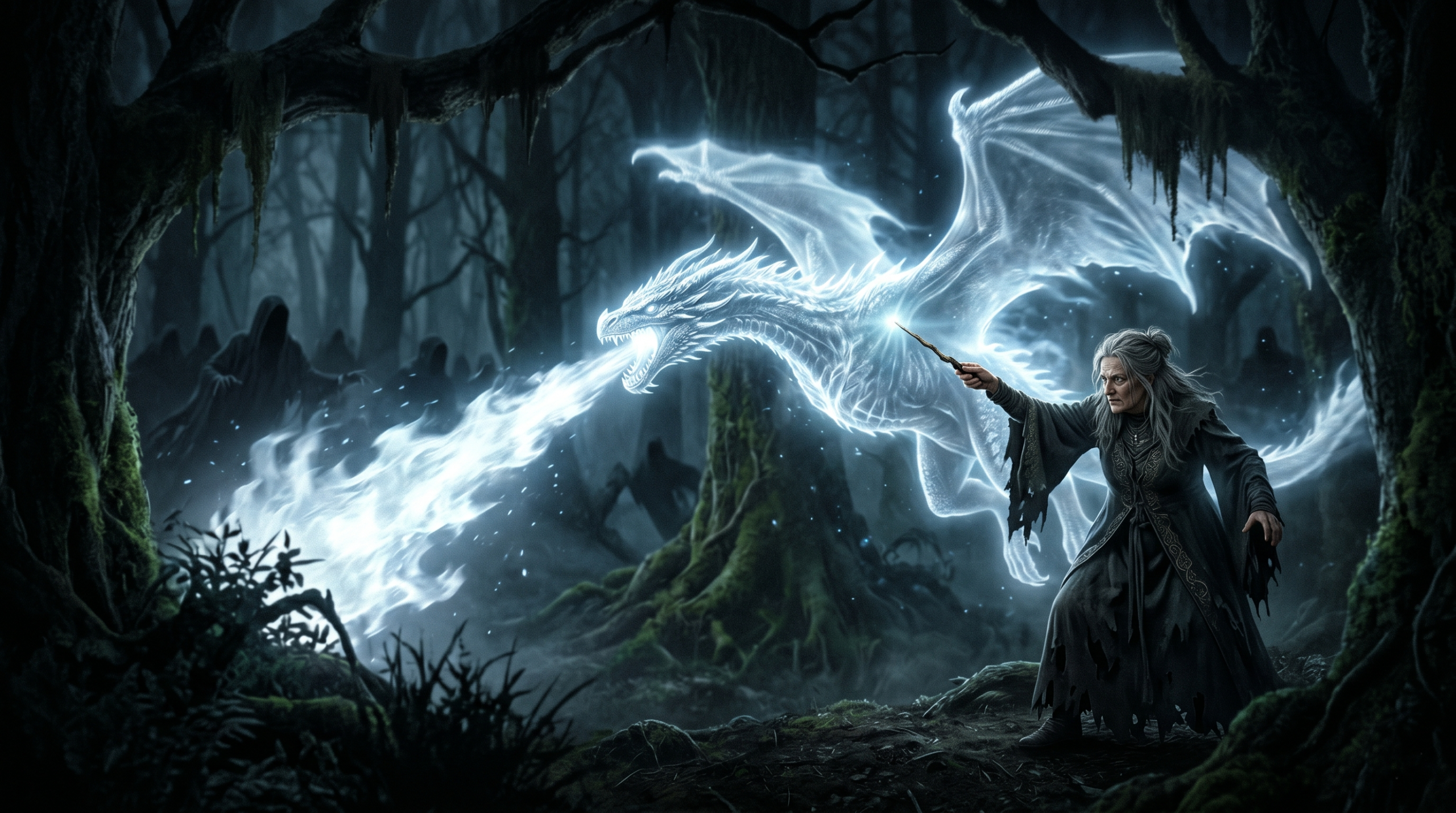 A wizard casting a rare, powerful silvery-blue Dragon Patronus to fight Dementors, visualizing alternative scenarios for Dragon Riders in Harry Potter.