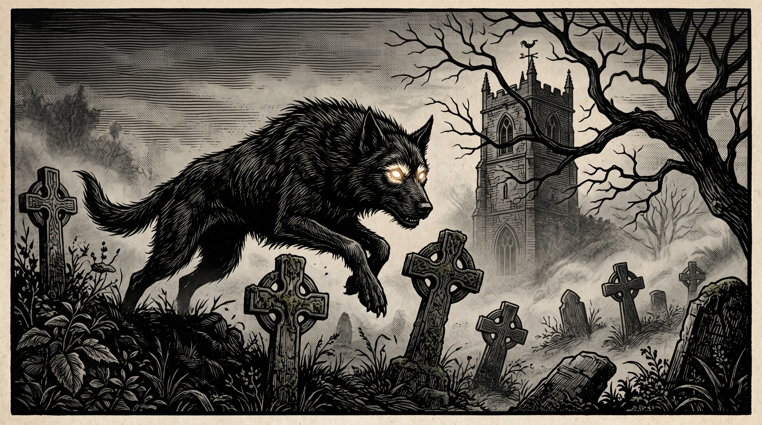 A spooky illustration showing the real folklore legend behind The Grim of Harry Potter in a churchyard.