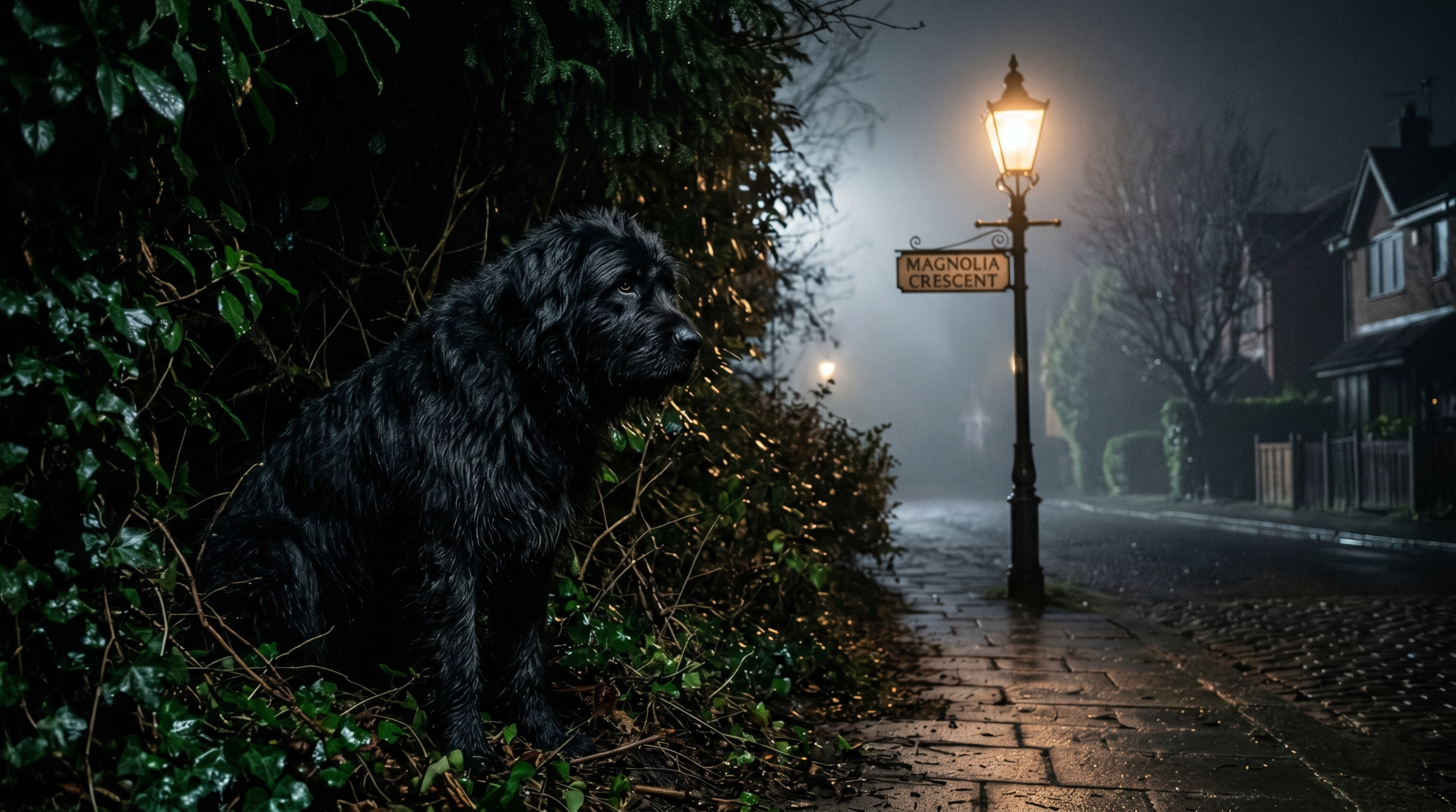 A realistic photograph of Sirius Black in his Padfoot Animagus dog form lurking in the bushes at night.