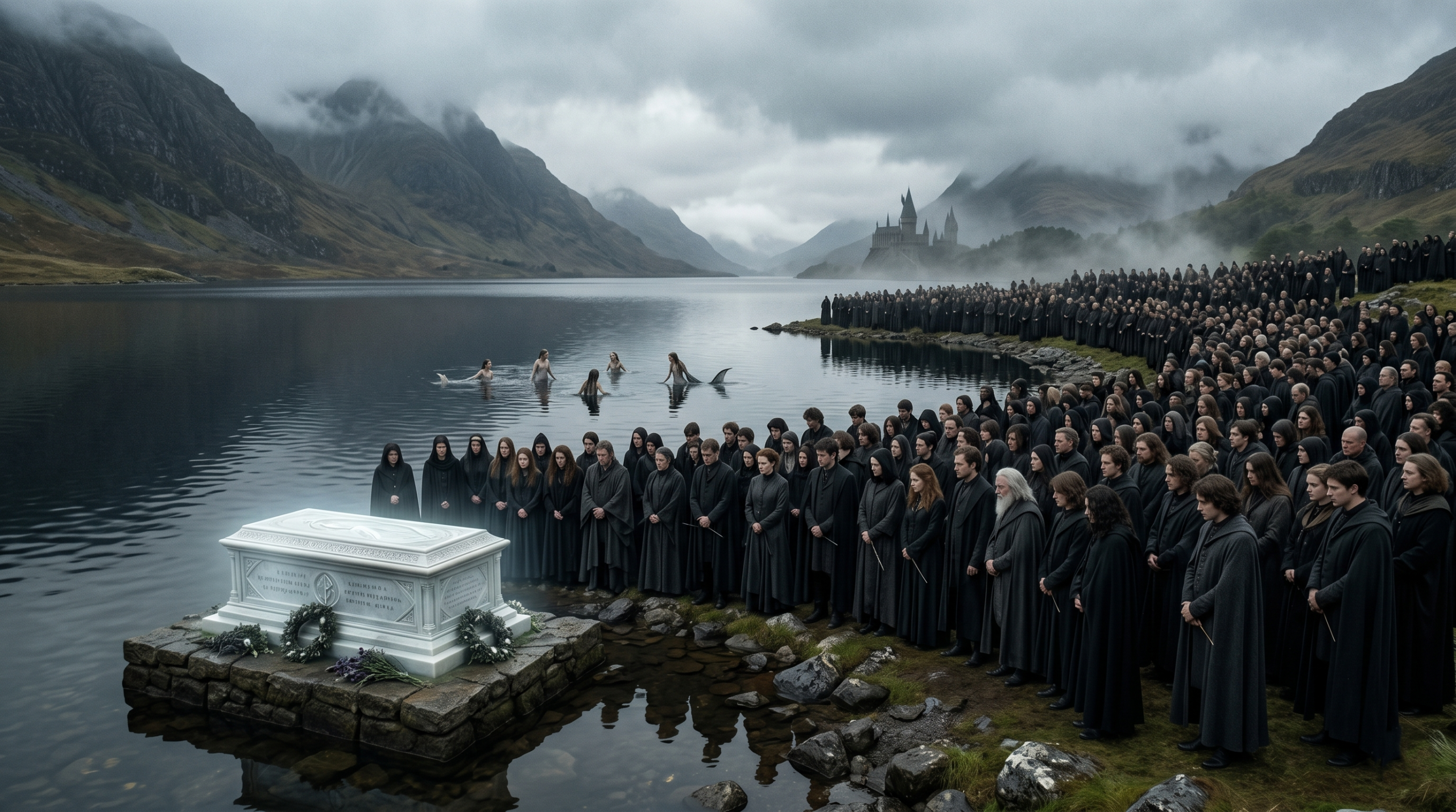 The grand, emotional funeral of Albus Dumbledore at the White Tomb, attended by the entire magical community beside the Black Lake.