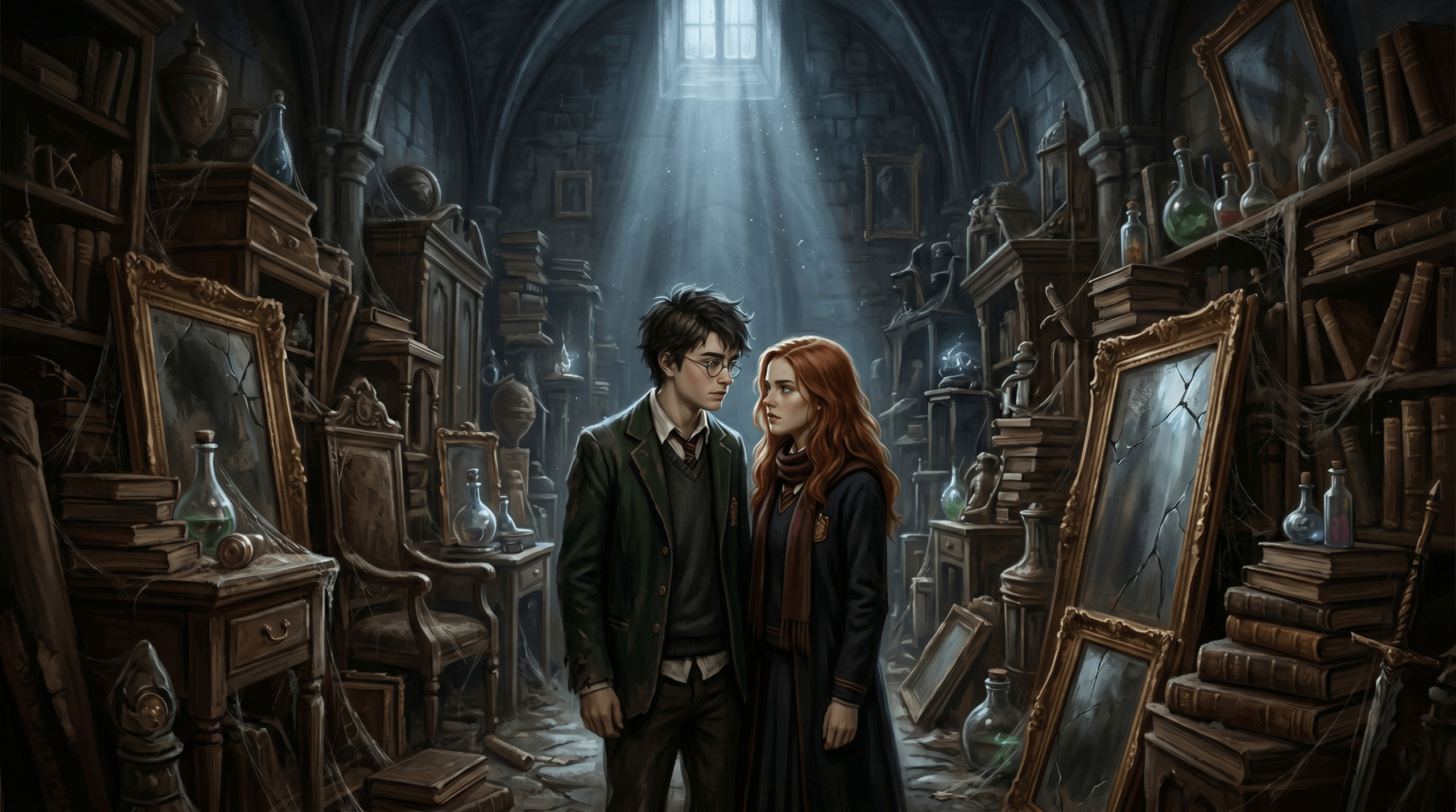 Harry and Ginny sharing a quiet, secretive moment in the dusty Room of Requirement.