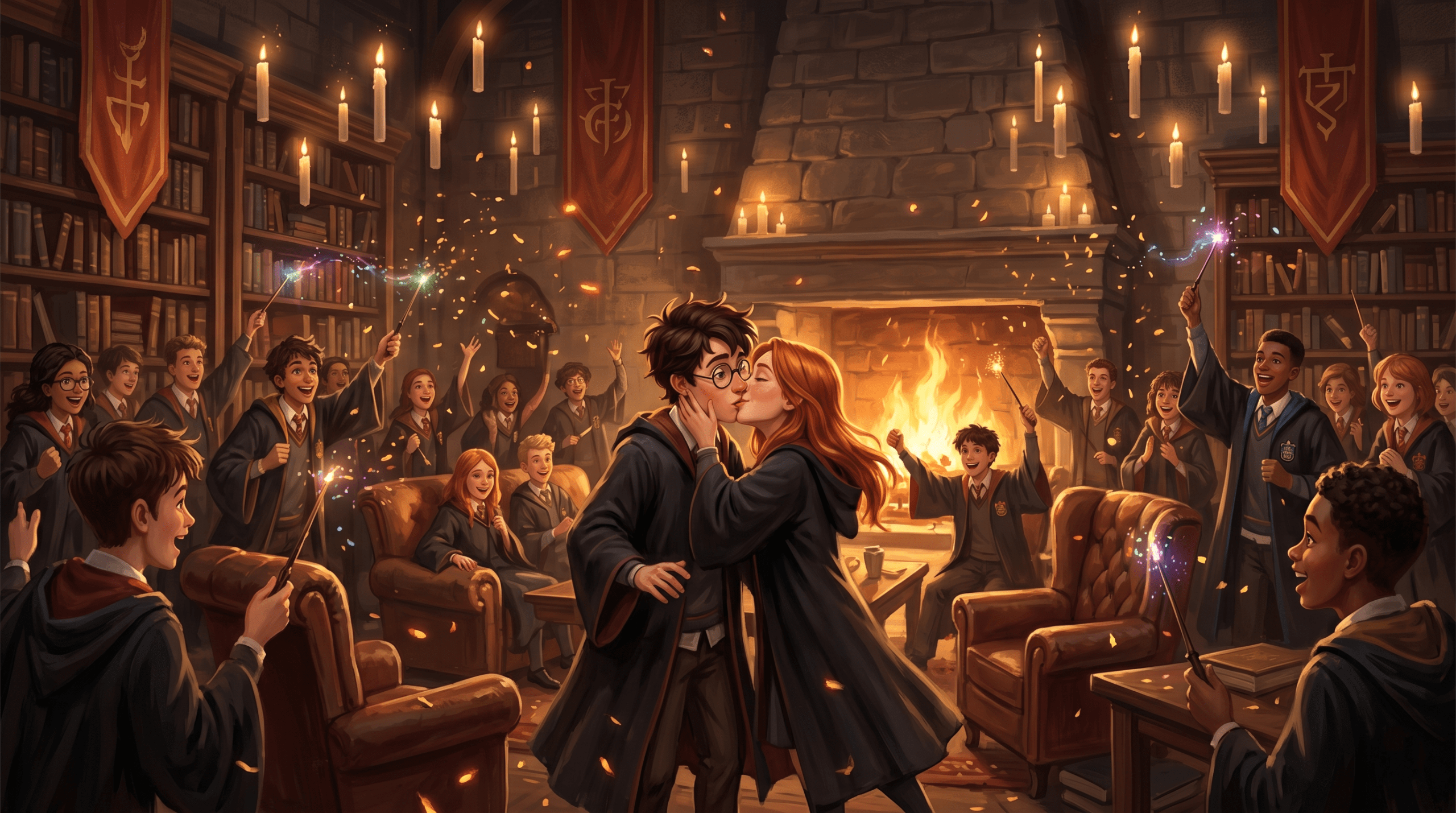 Harry and Ginny's first kiss in the crowded Gryffindor Common Room after winning the Quidditch Cup.