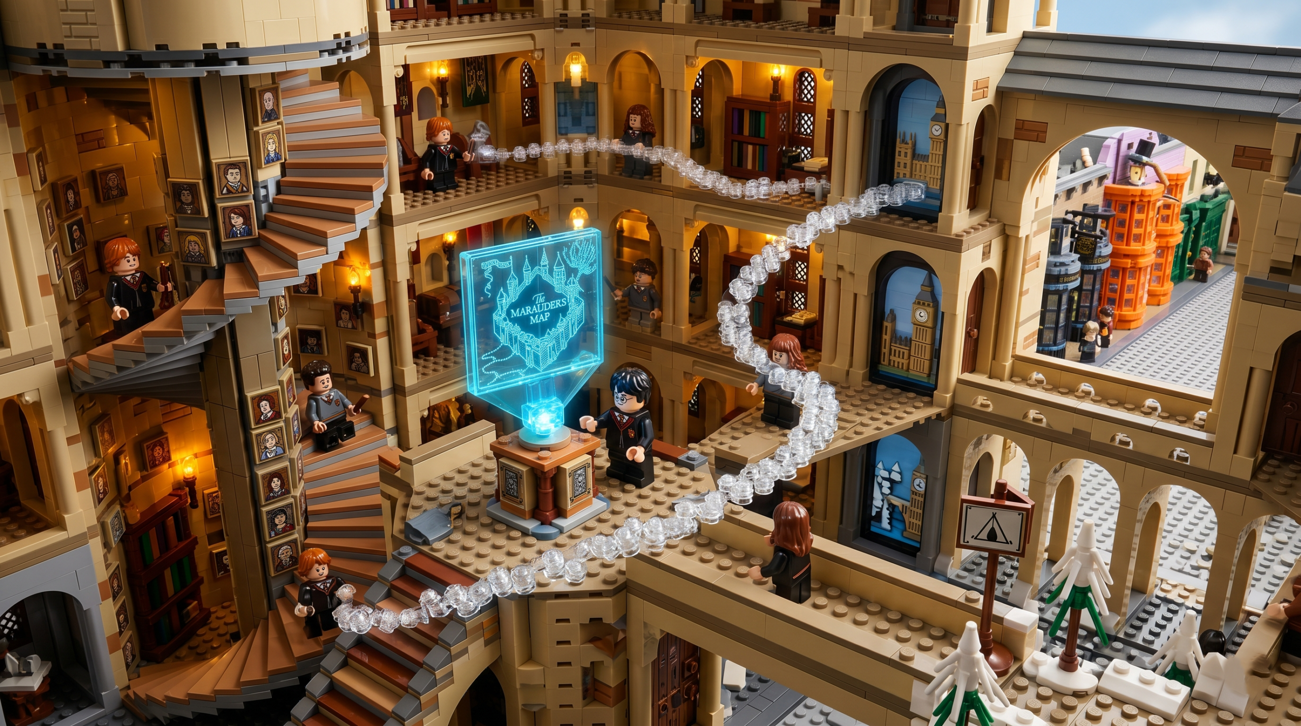 SEO-friendly image description: Sweeping LEGO perspective in Hogwarts for Harry Potter 5-7 years walkthrough, illustrating complex hub world navigation with ghost studs, Marauder's Map interaction, and portals to diverse locations like Diagon Alley and campsites, showing scale and interconnected areas.