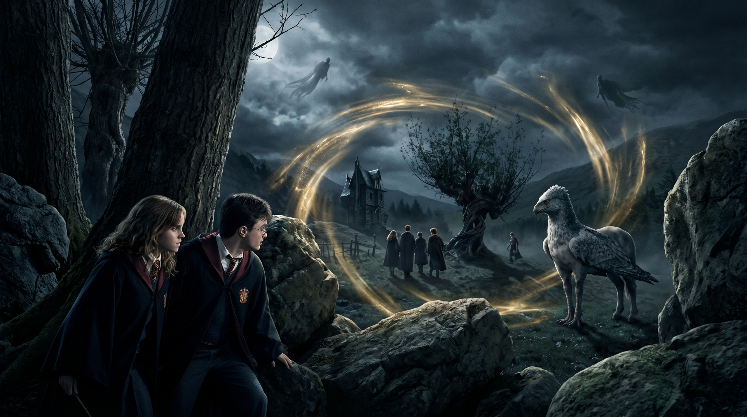 Hermione and Harry using Time-Turner to save Buckbeak and Sirius in Prisoner of Azkaban