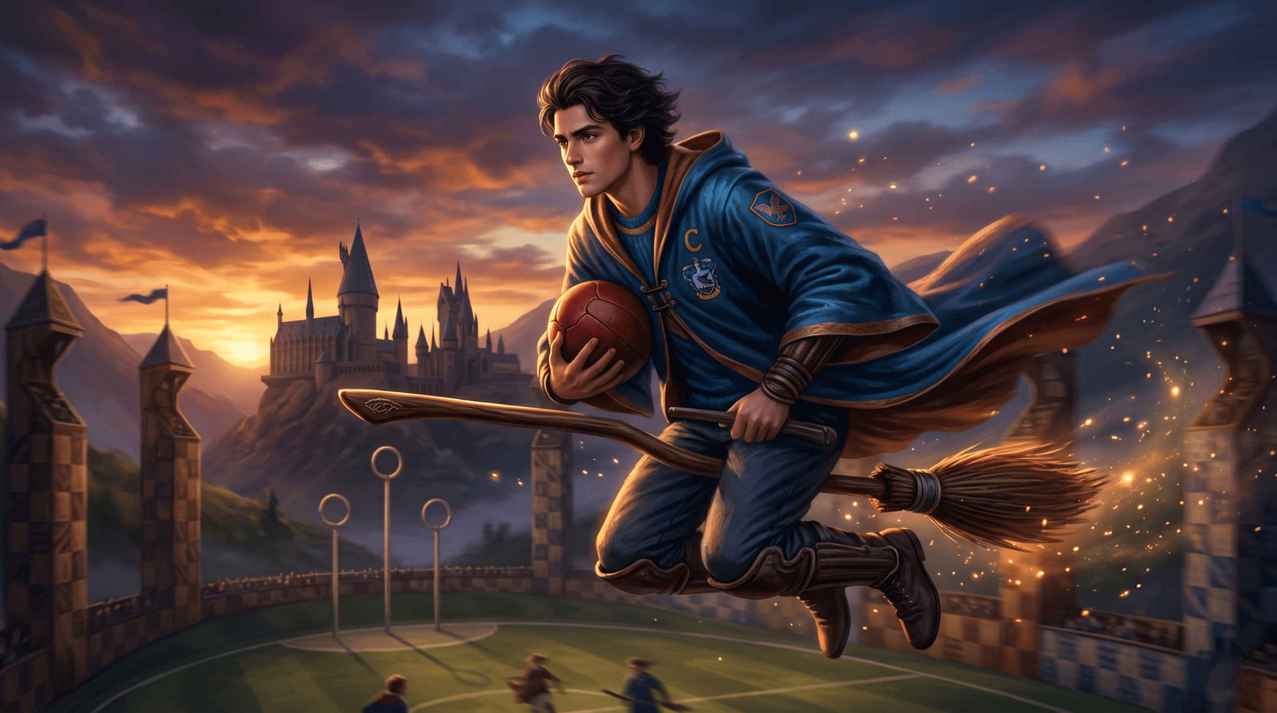 Roger Davies flying as Ravenclaw Quidditch Captain on the Hogwarts pitch