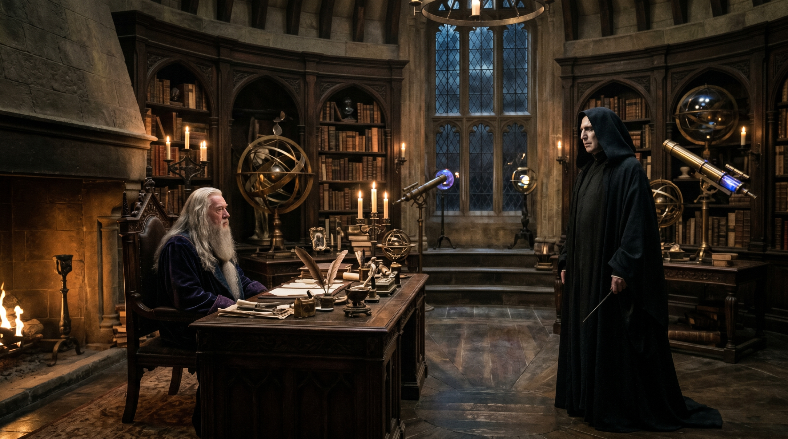 A heavily disfigured Lord Voldemort returning to Hogwarts to demand the Defense Against the Dark Arts teaching position from Albus Dumbledore.