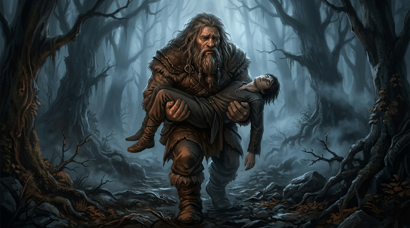 A grieving Hagrid carrying Harry Potter's body out of the Forbidden Forest during the Battle of Hogwarts.