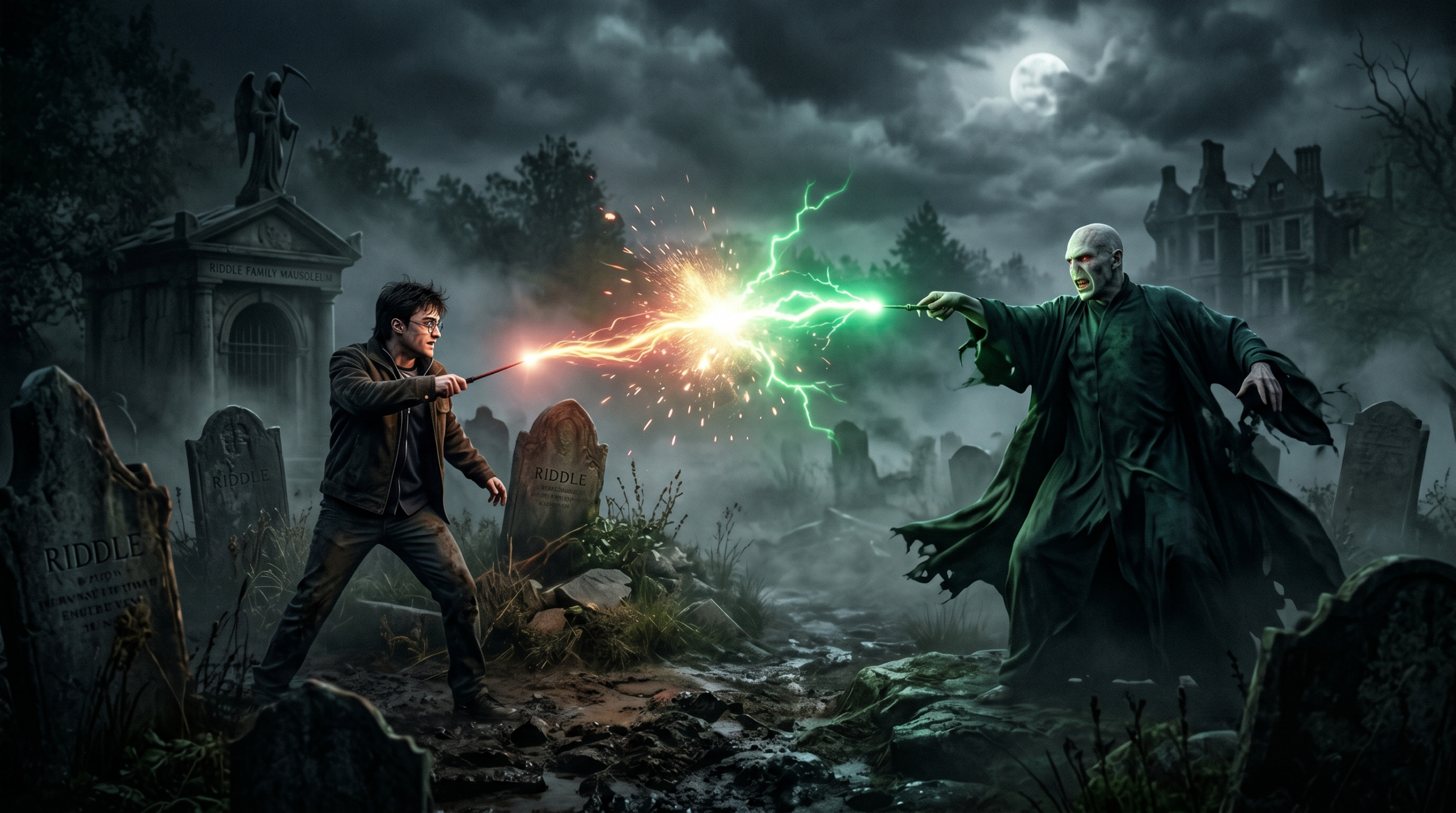 Harry Potter vs Voldemort graveyard duel scene from Goblet of Fire