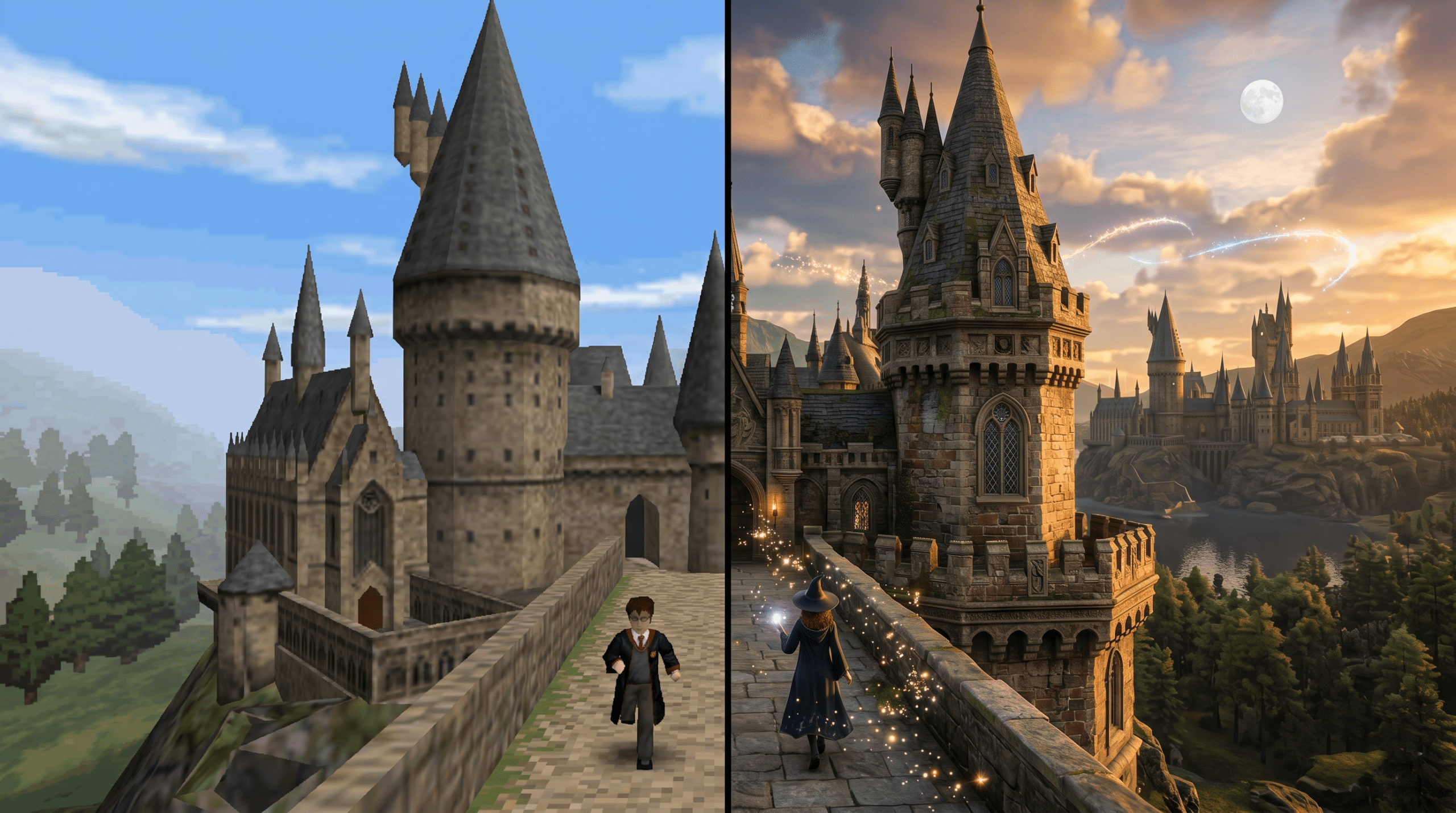A visual comparison showing the graphic evolution of Harry Potter video games from retro low-poly to modern photorealistic graphics.