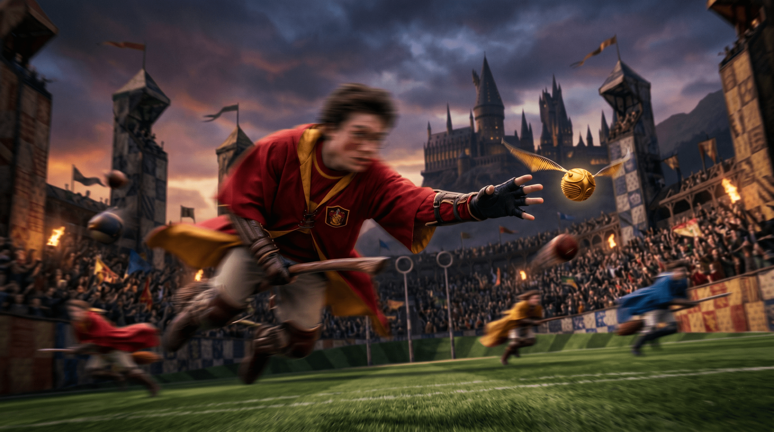 A high-speed action shot of a Quidditch player on a broomstick chasing the Golden Snitch in a video game setting.