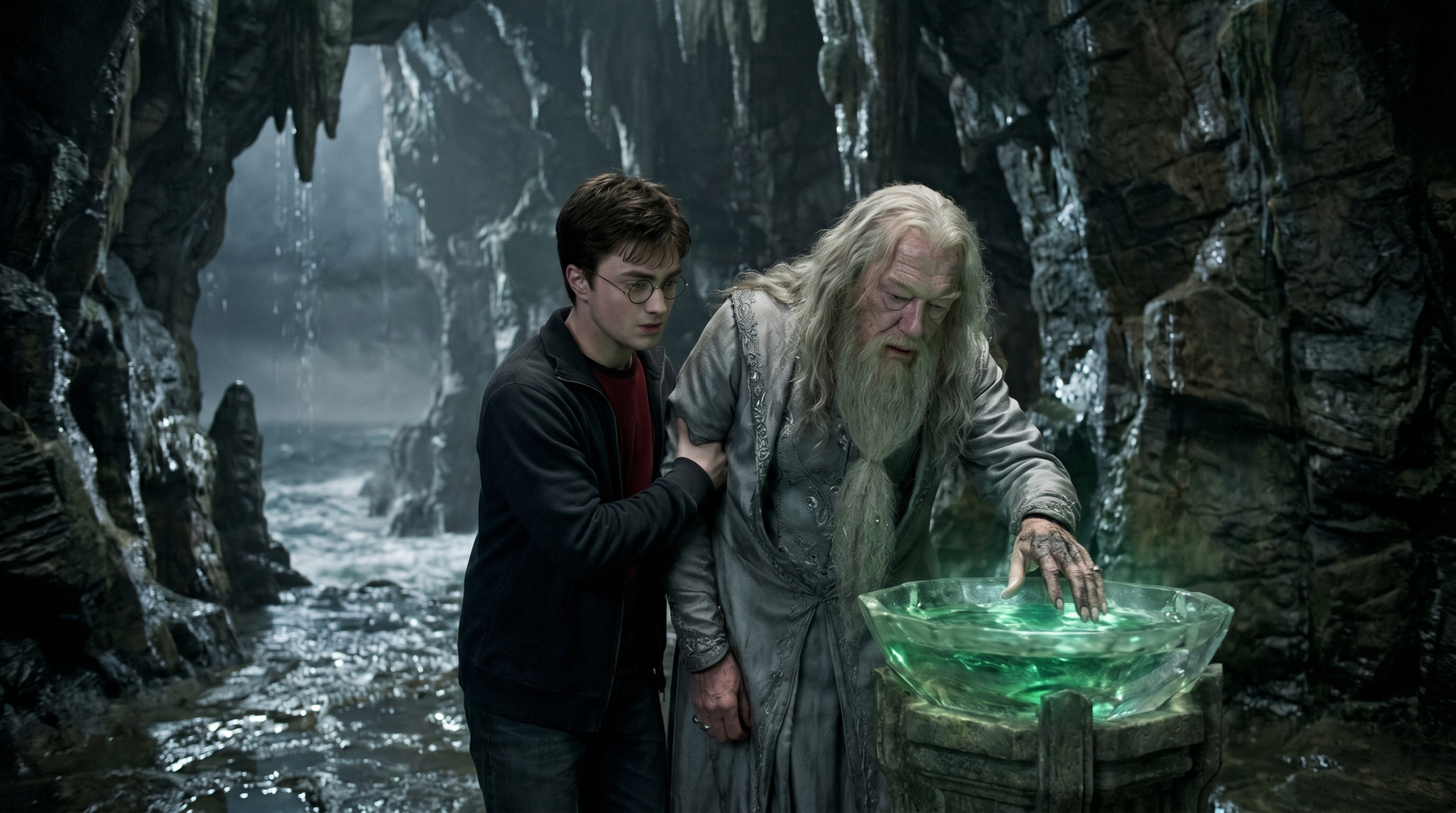 Cursed and weakened Dumbledore being supported by Harry Potter after drinking the potion in the seaside cave.