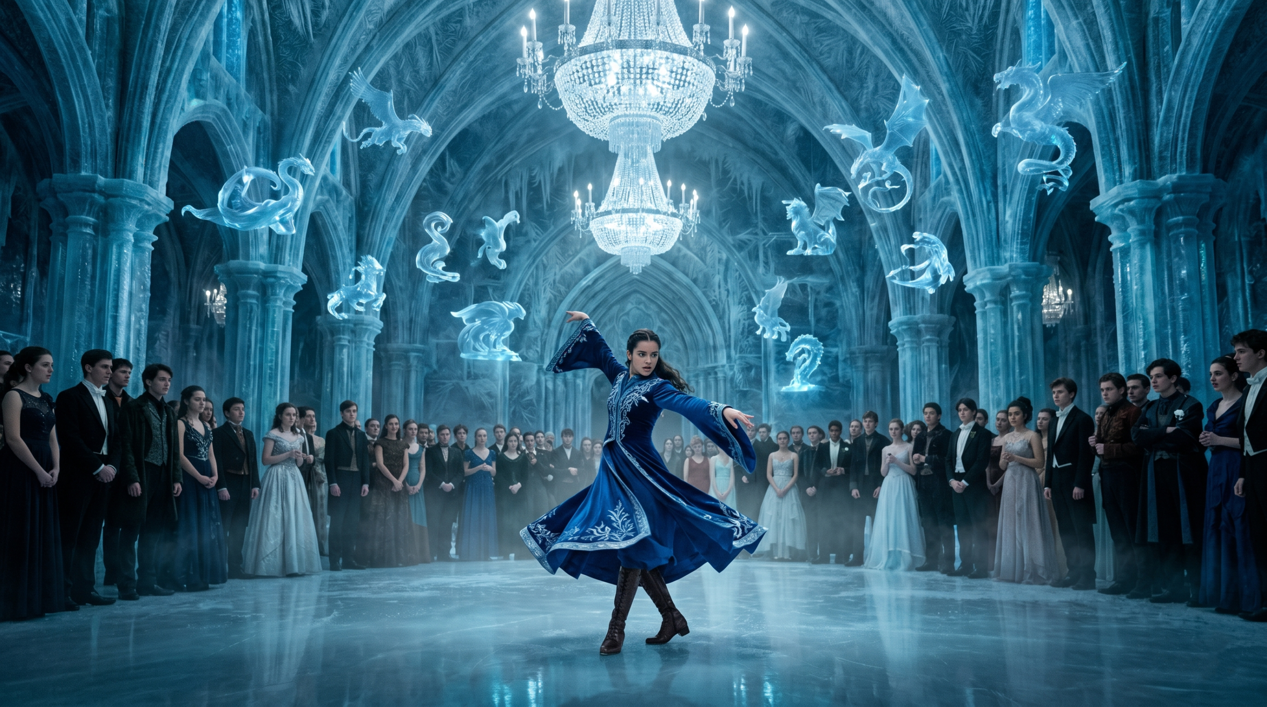 A wizarding student performing an energetic and dynamic Latin dance routine at an icy magical ball.