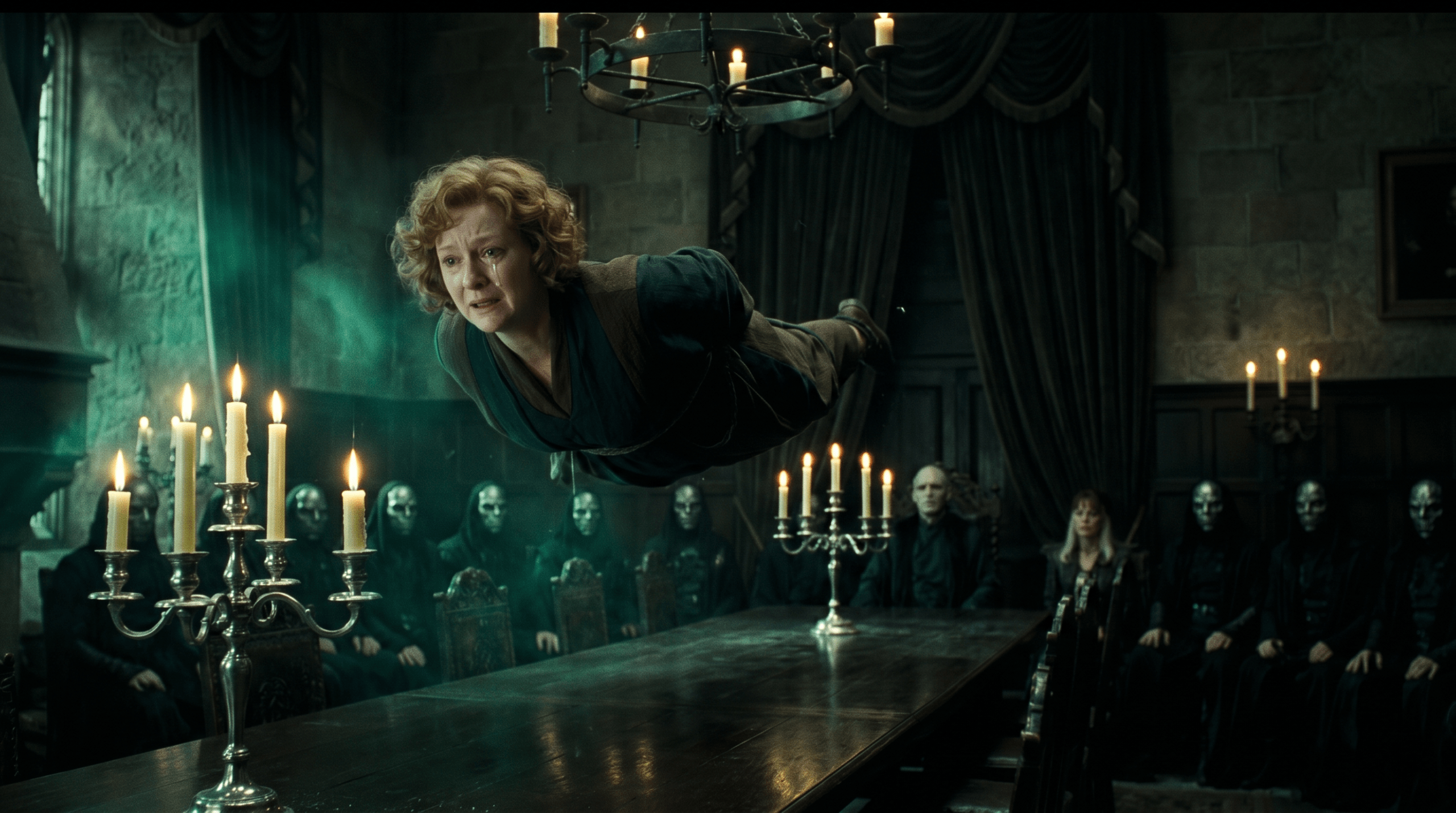 Charity Burbage suspended in Malfoy Manor before her tragic death in Harry Potter
