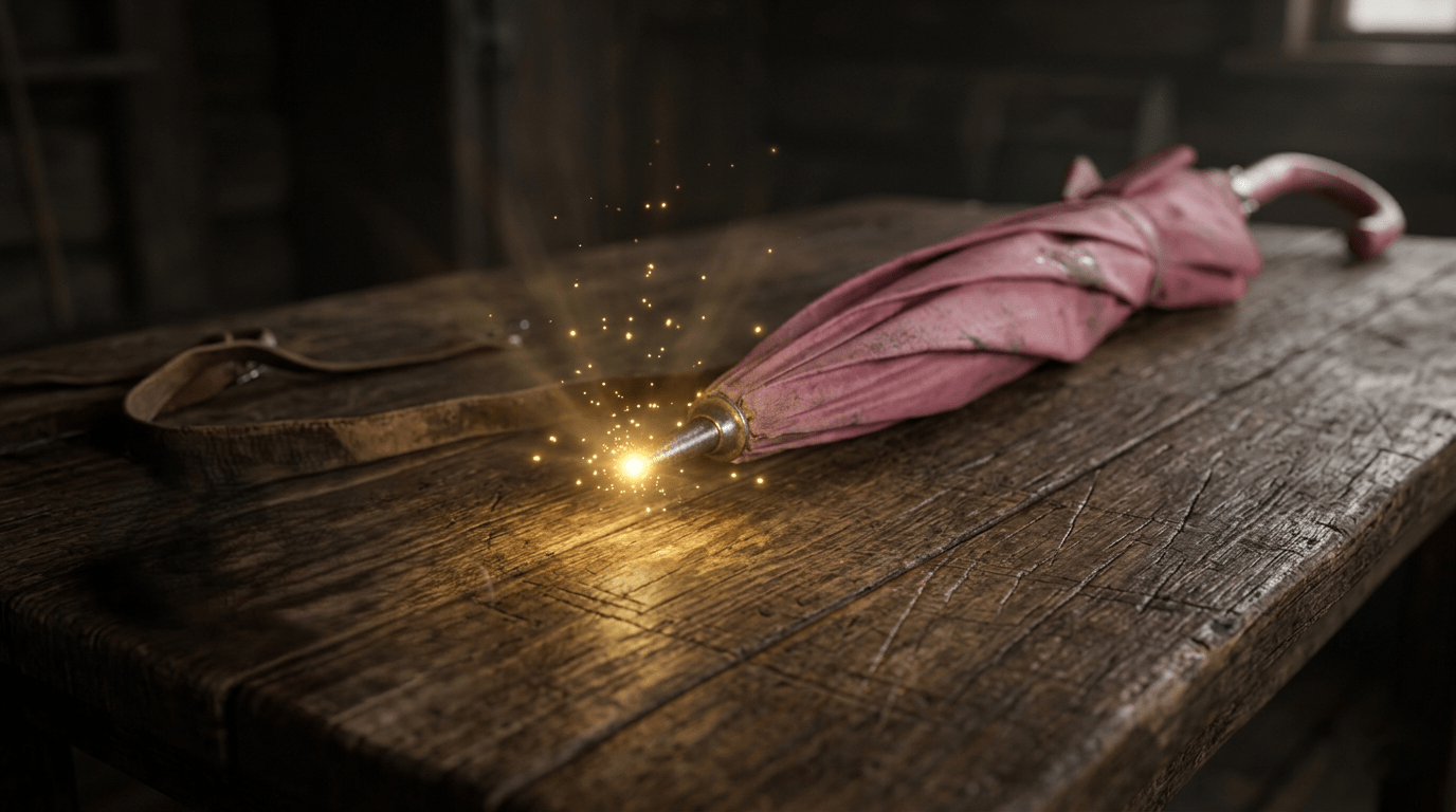 Hagrid's pink umbrella, which secretly holds the pieces of his broken wand, glowing with magic.