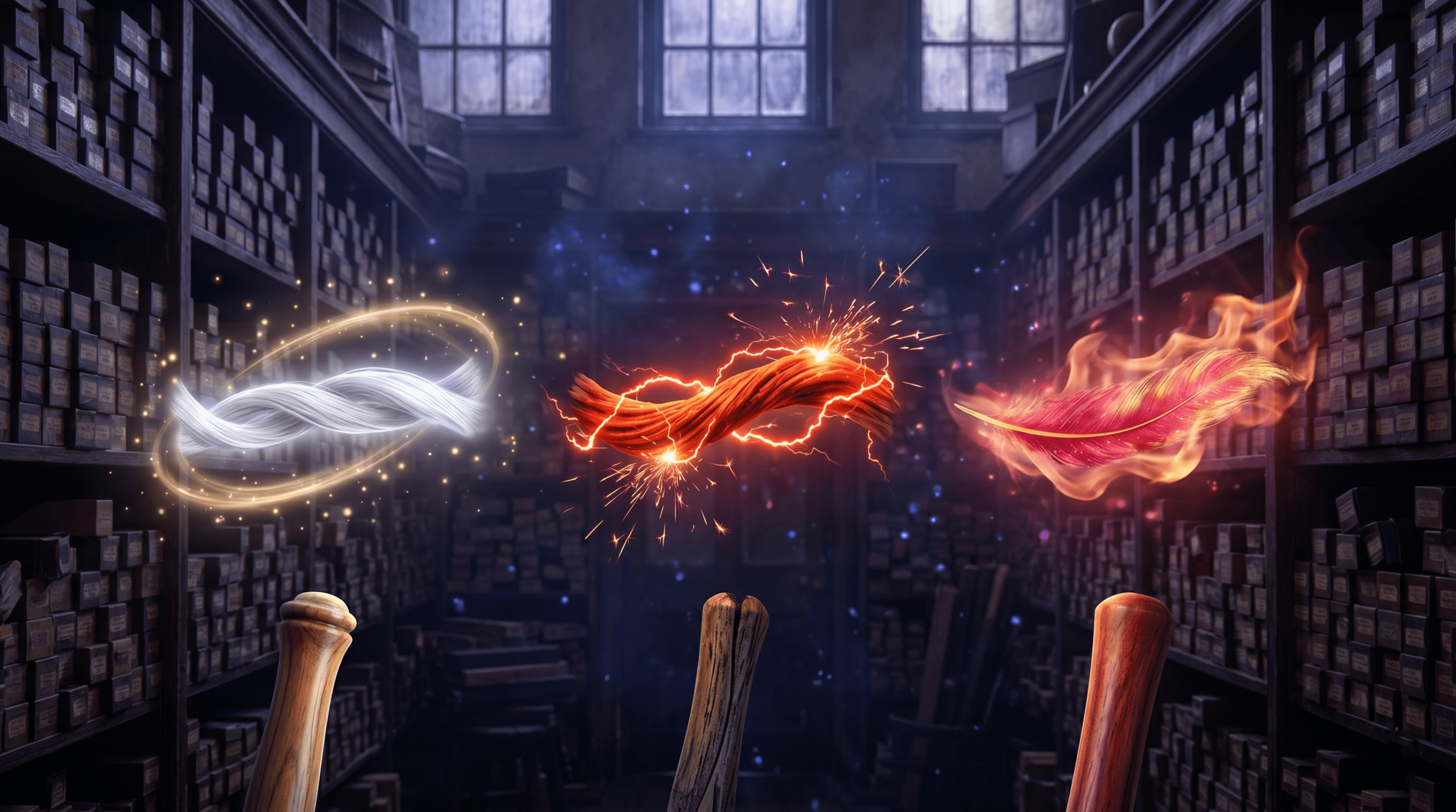 Harry Potter supreme wand cores - unicorn hair, dragon heartstring, and phoenix feather glowing in Ollivander's shop