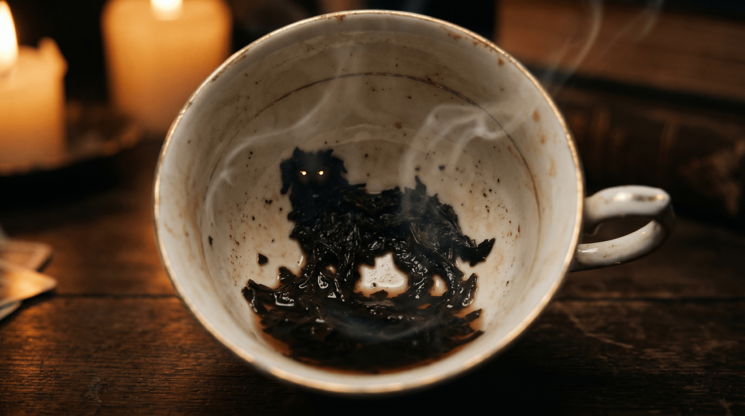A close-up view of tea leaves in a cup forming the shape of The Grim of Harry Potter in Trelawney's class.