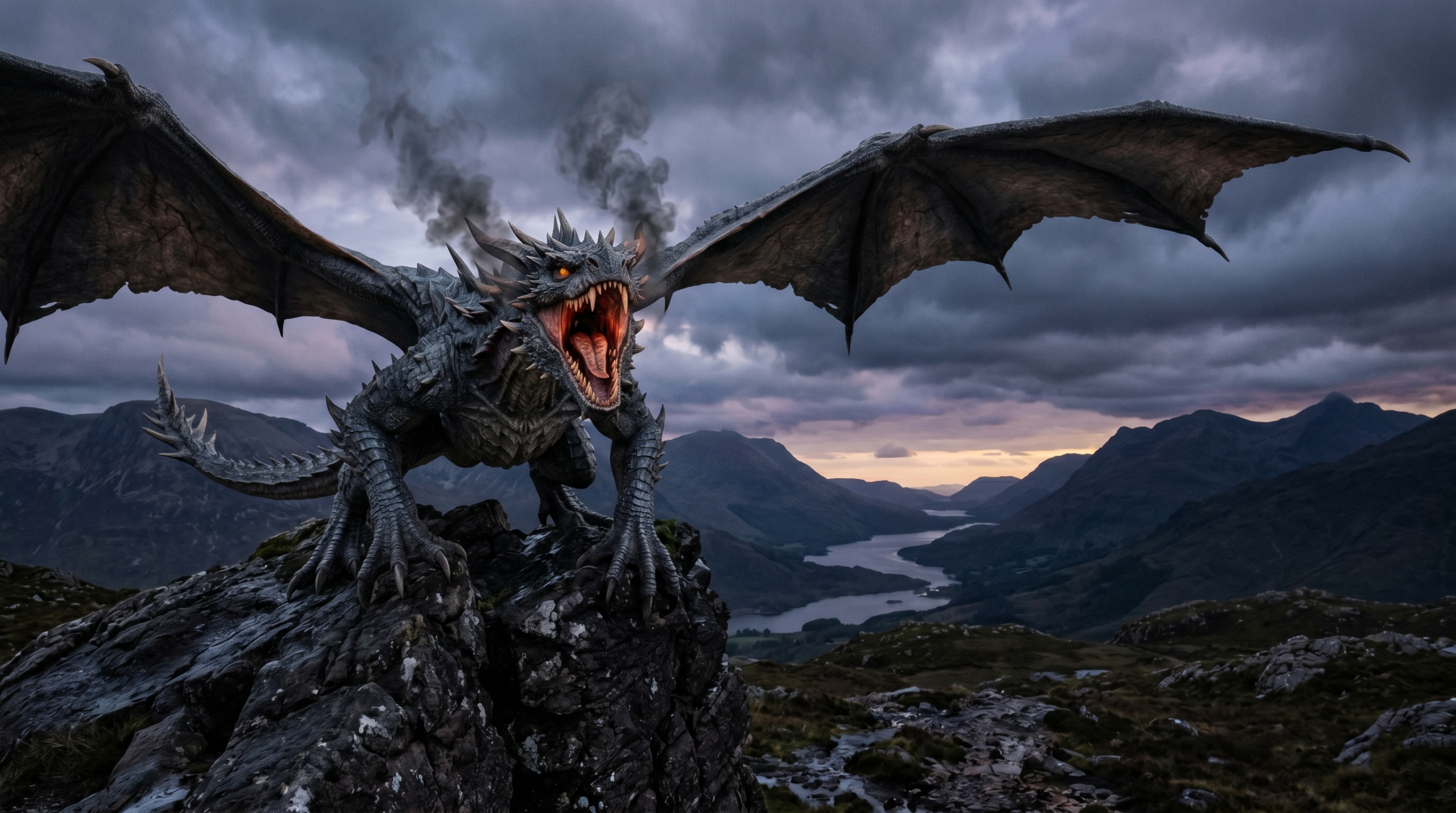 Wild Hungarian Horntail dragon roaring in the Scottish Highlands setting, illustrating why they aren't used as Dragon Riders in Harry Potter.