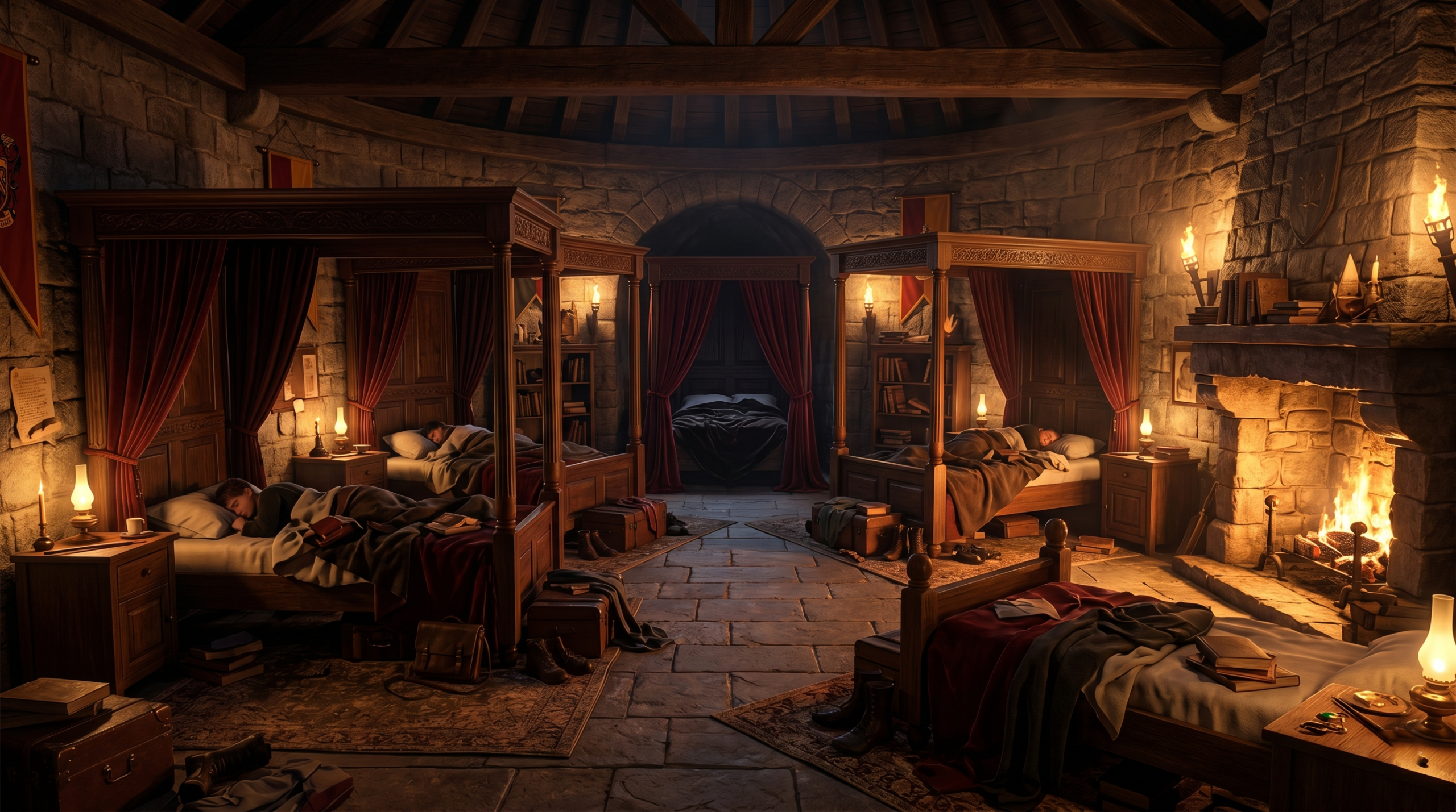 Gryffindor boys dormitory room in Hogwarts showing an extra bed for Bem